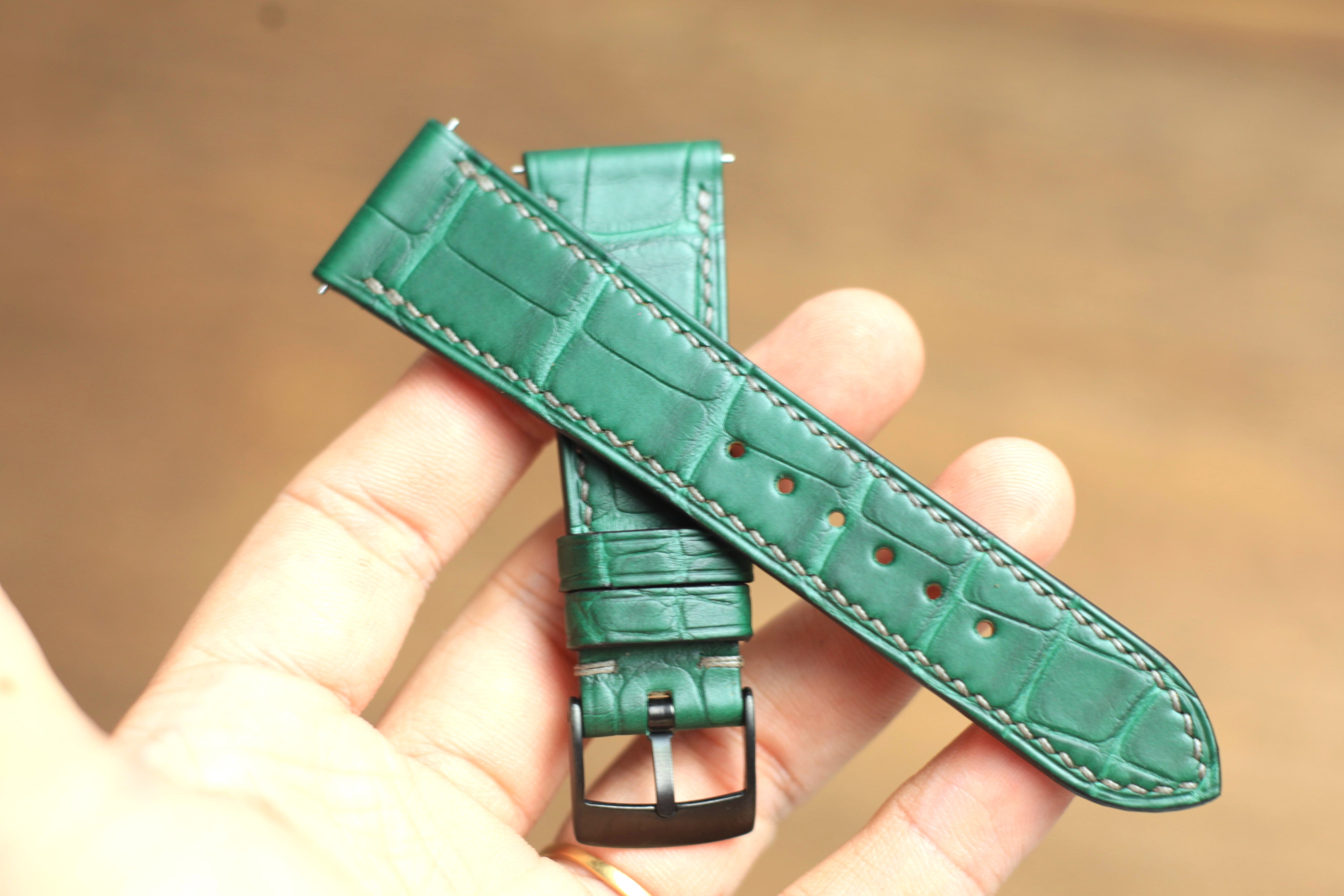 Genuine Matte Green Alligator Leather, Handmade Watch Strap