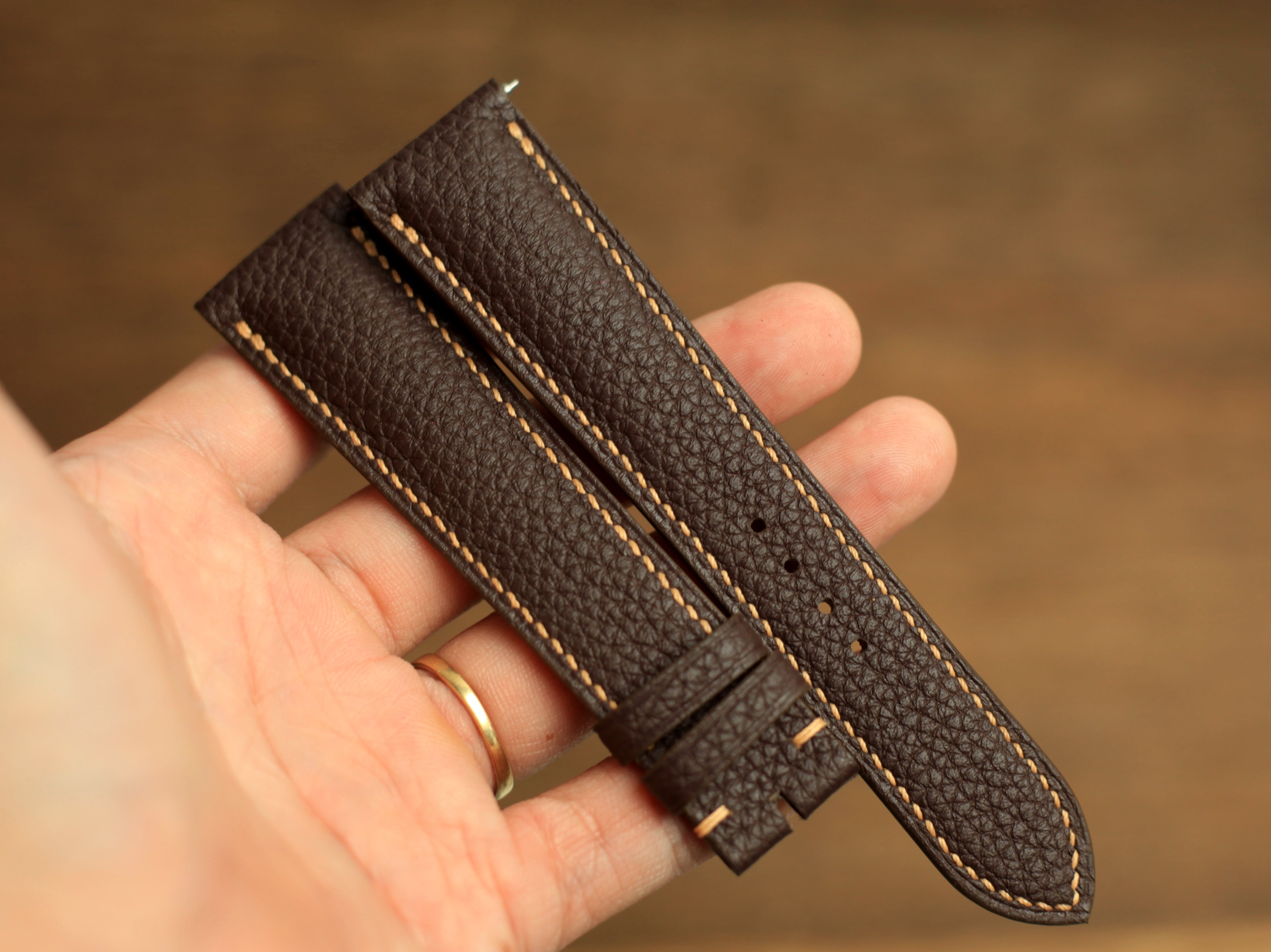Togo Chocolate Brown Leather Strap, Handmade Watch Band, Quick Release Spring Bar