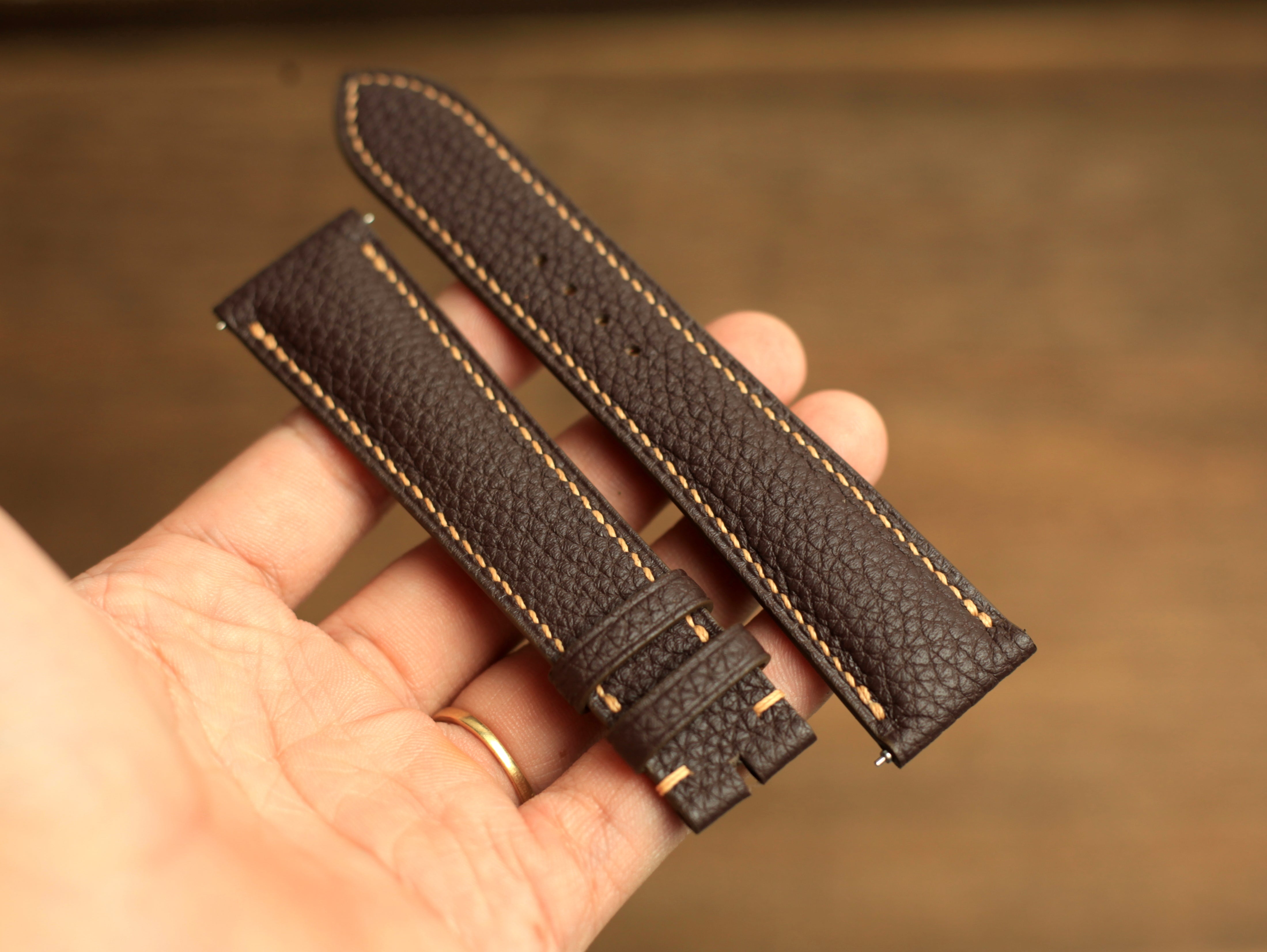 Togo Chocolate Brown Leather Strap, Handmade Watch Band, Quick Release Spring Bar