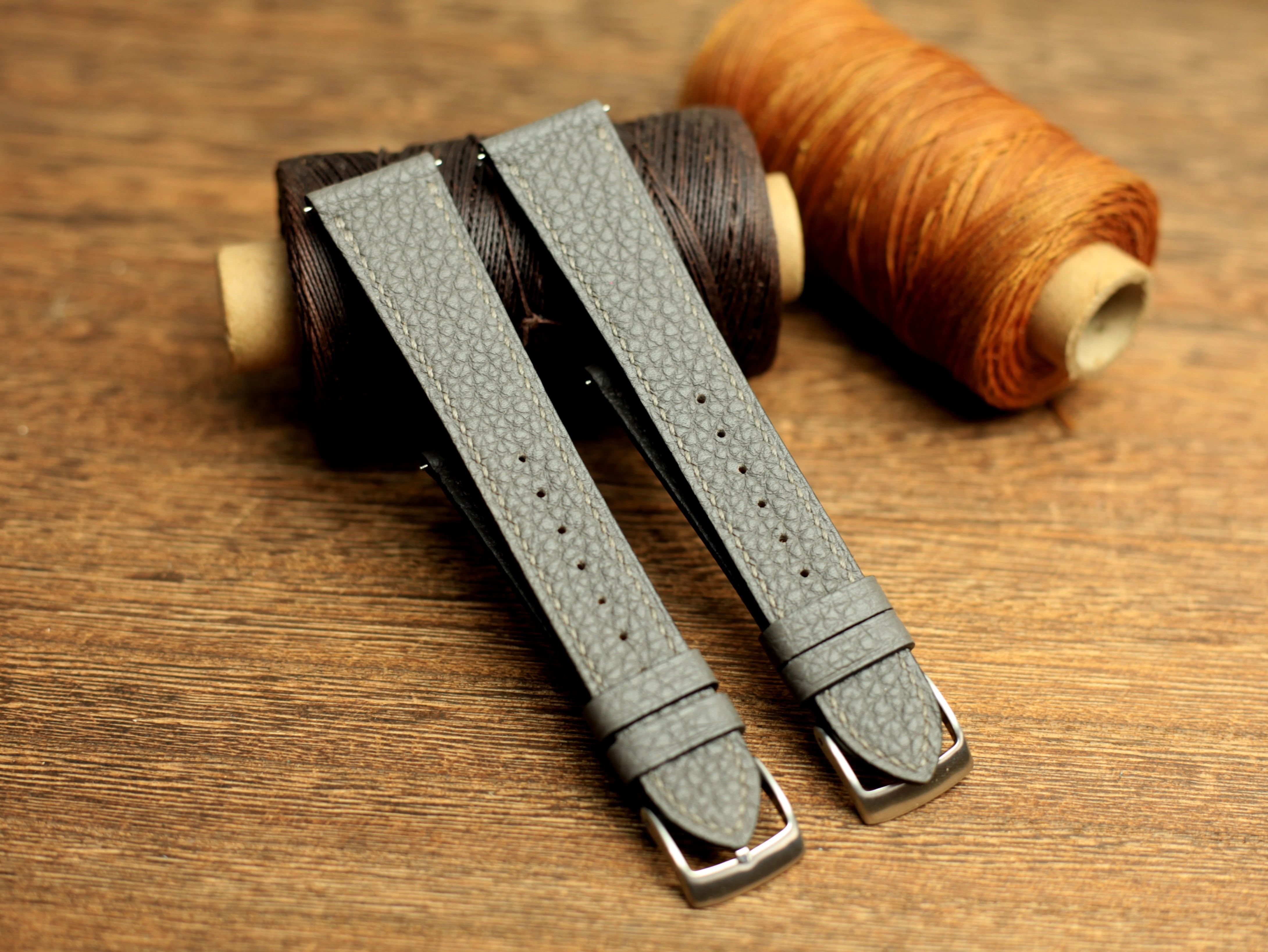 Togo Grey Leather Strap, Handmade Watch Band, Quick Release Spring Bar