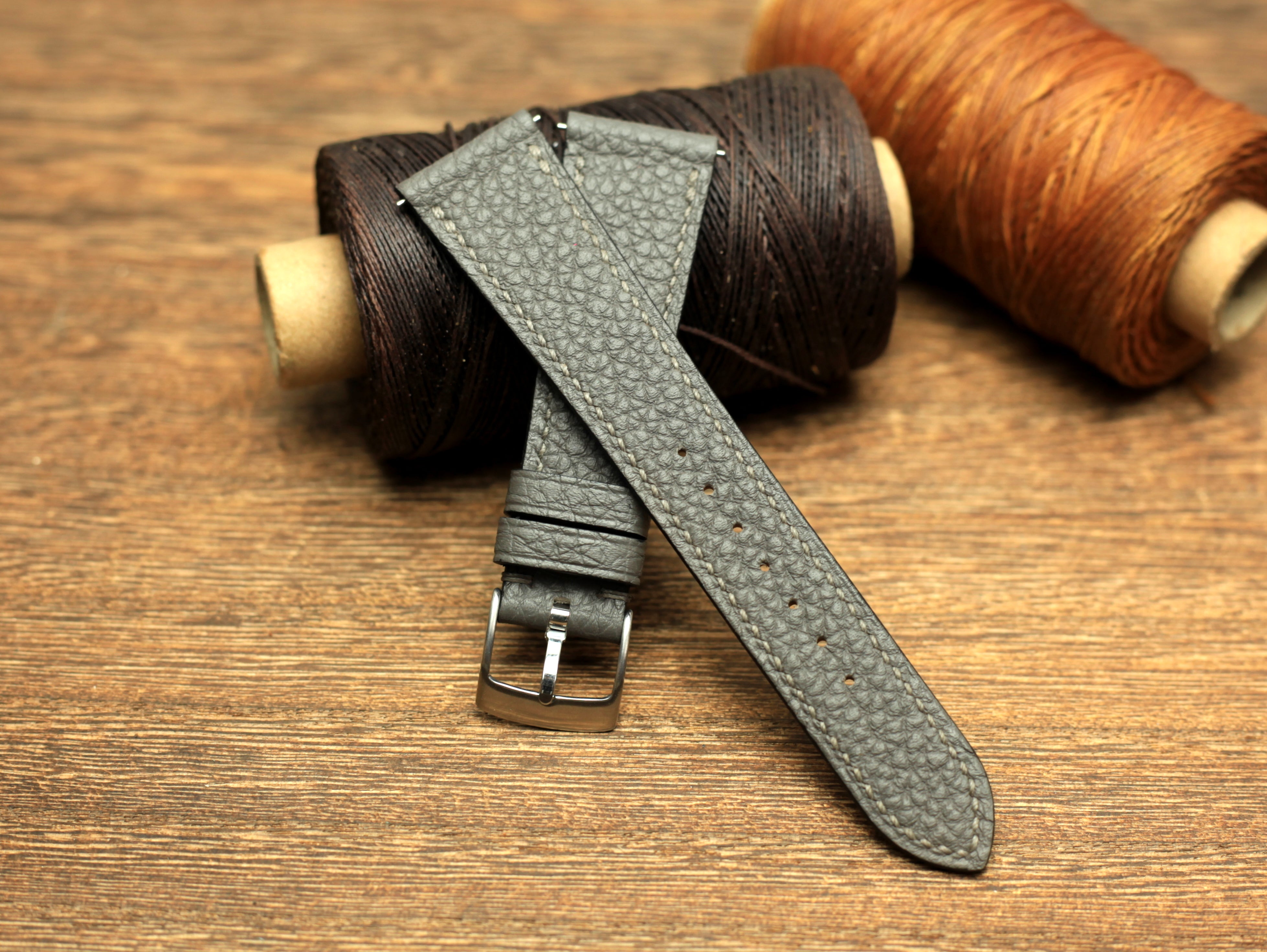 Togo Grey Leather Strap, Handmade Watch Band, Quick Release Spring Bar