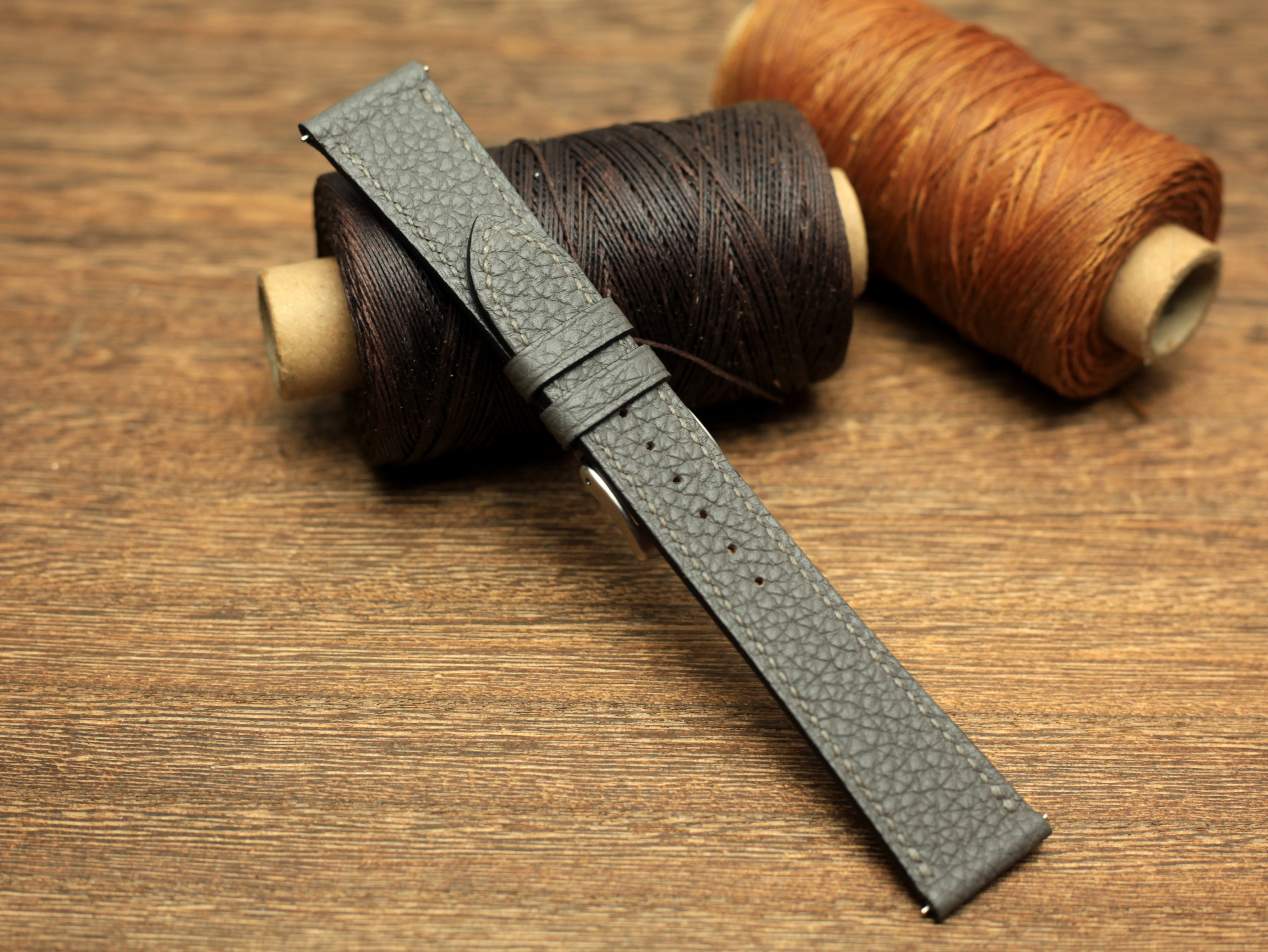 Togo Grey Leather Strap, Handmade Watch Band, Quick Release Spring Bar