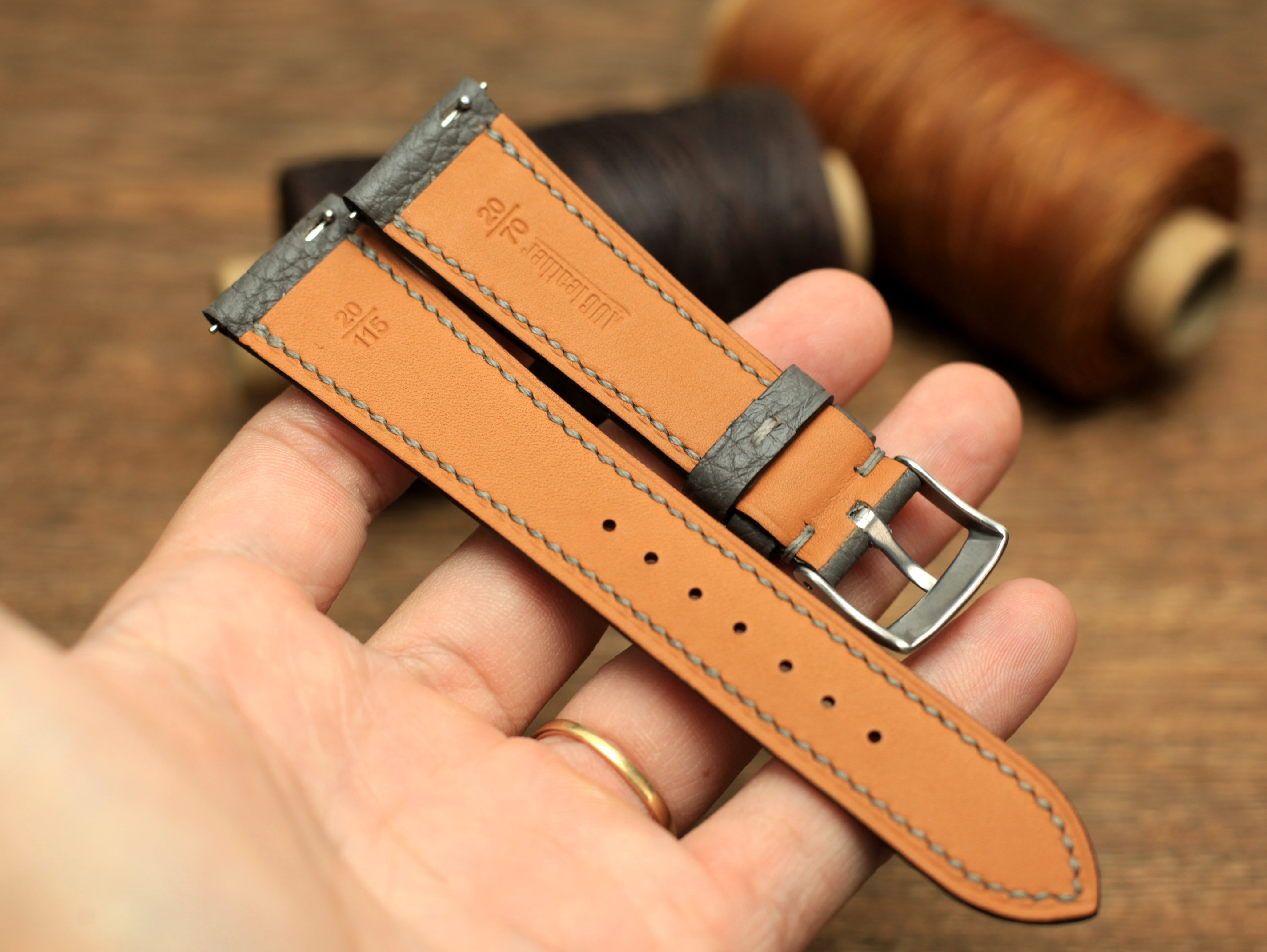 Togo Grey Leather Strap, Handmade Watch Band, Quick Release Spring Bar