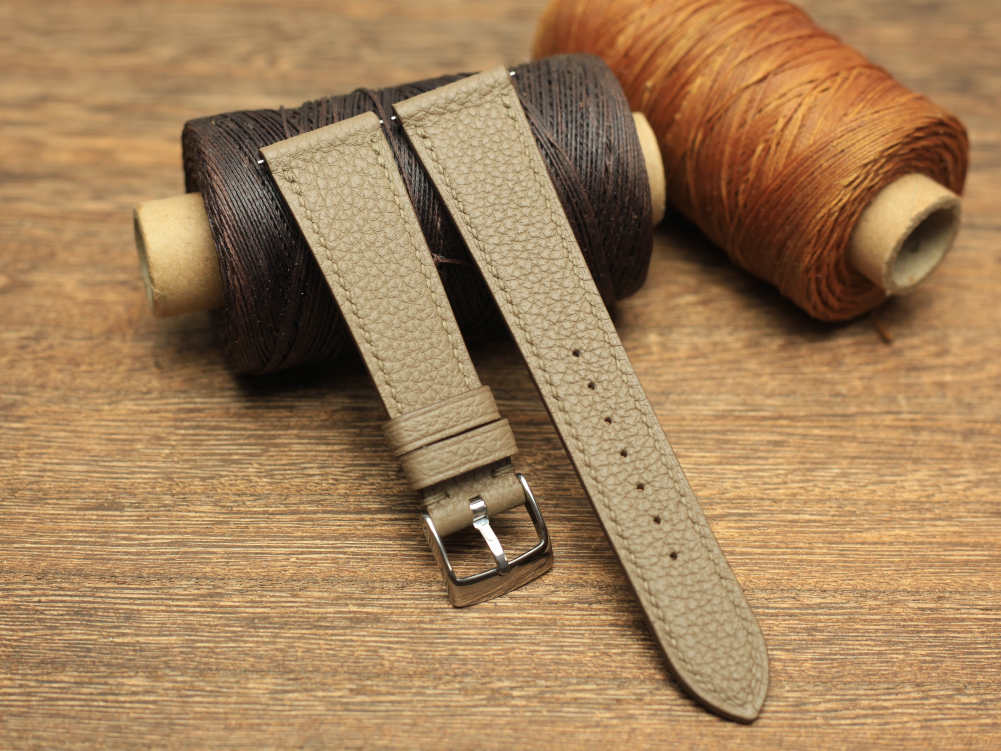 Togo Etoupe Leather Handmade Watch Strap, Quick Release Spring Bar
