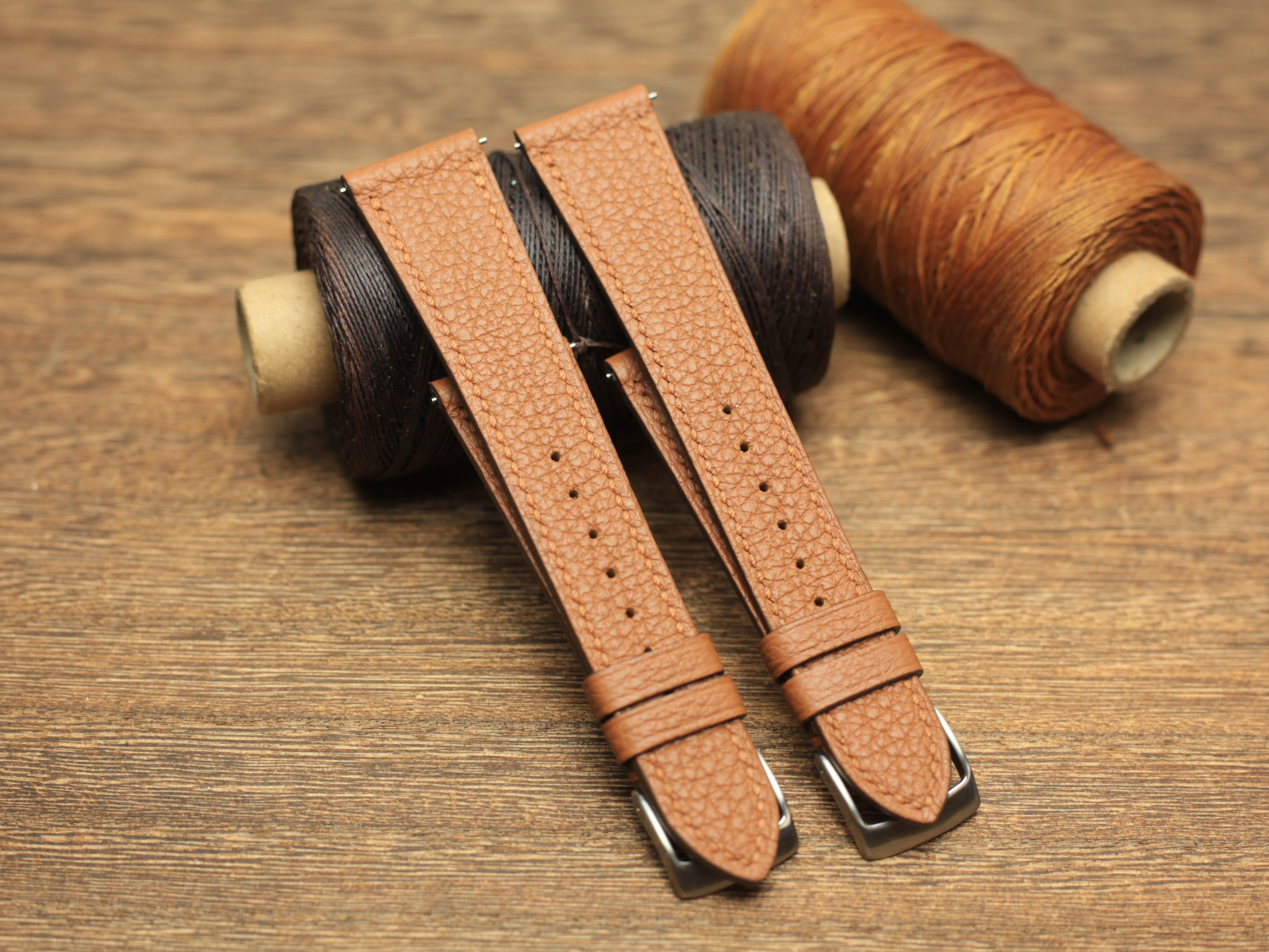 Togo Gold Brown Leather Strap, Handmade Watch Band, Quick Release Spring Bar