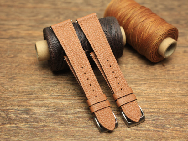 Togo Gold Brown Leather Handmade Watch Strap, Quick Release Spring Bar