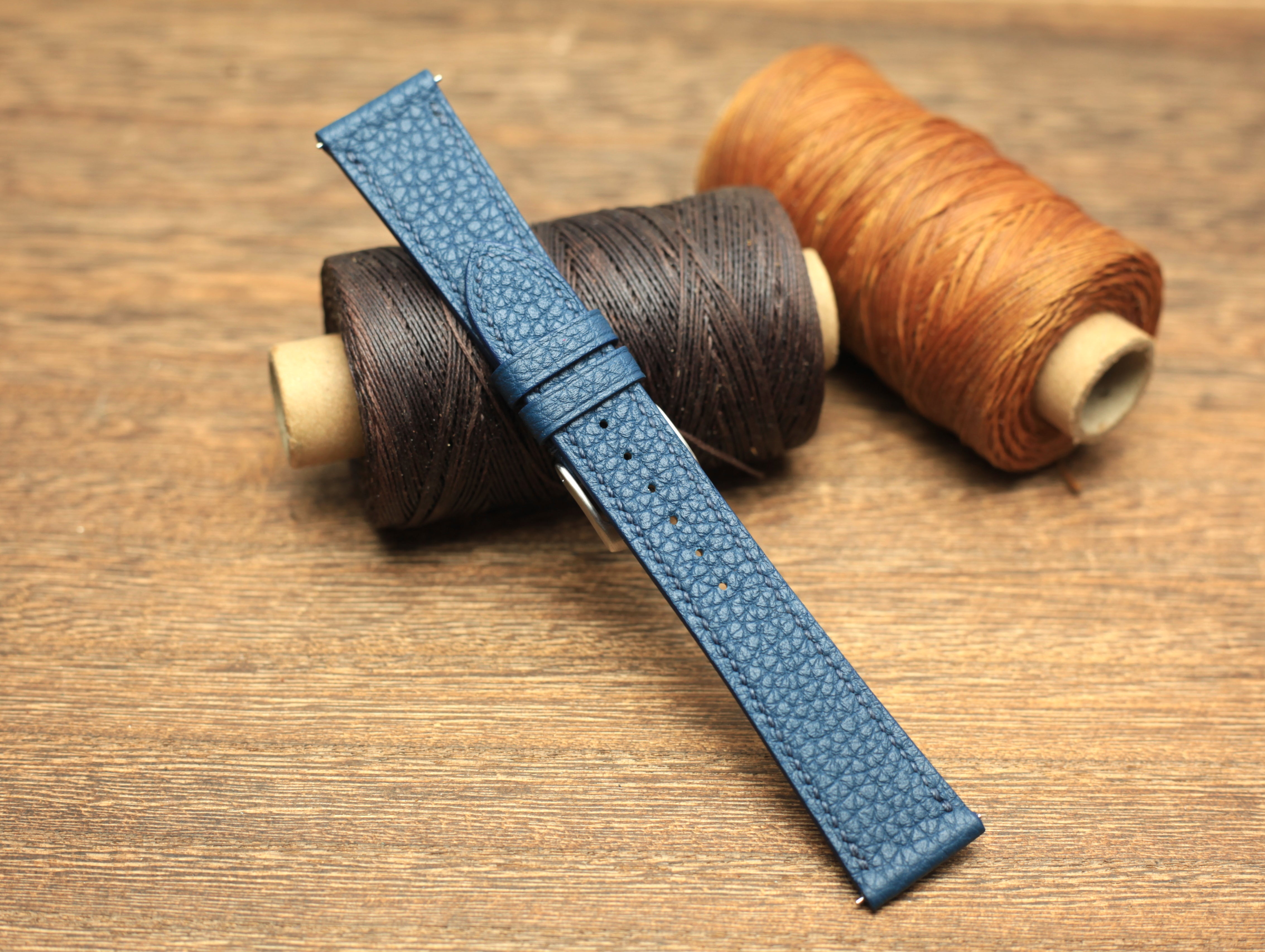 Togo Mallard Blue Leather Handmade Watch Strap, Quick Release Spring Bar