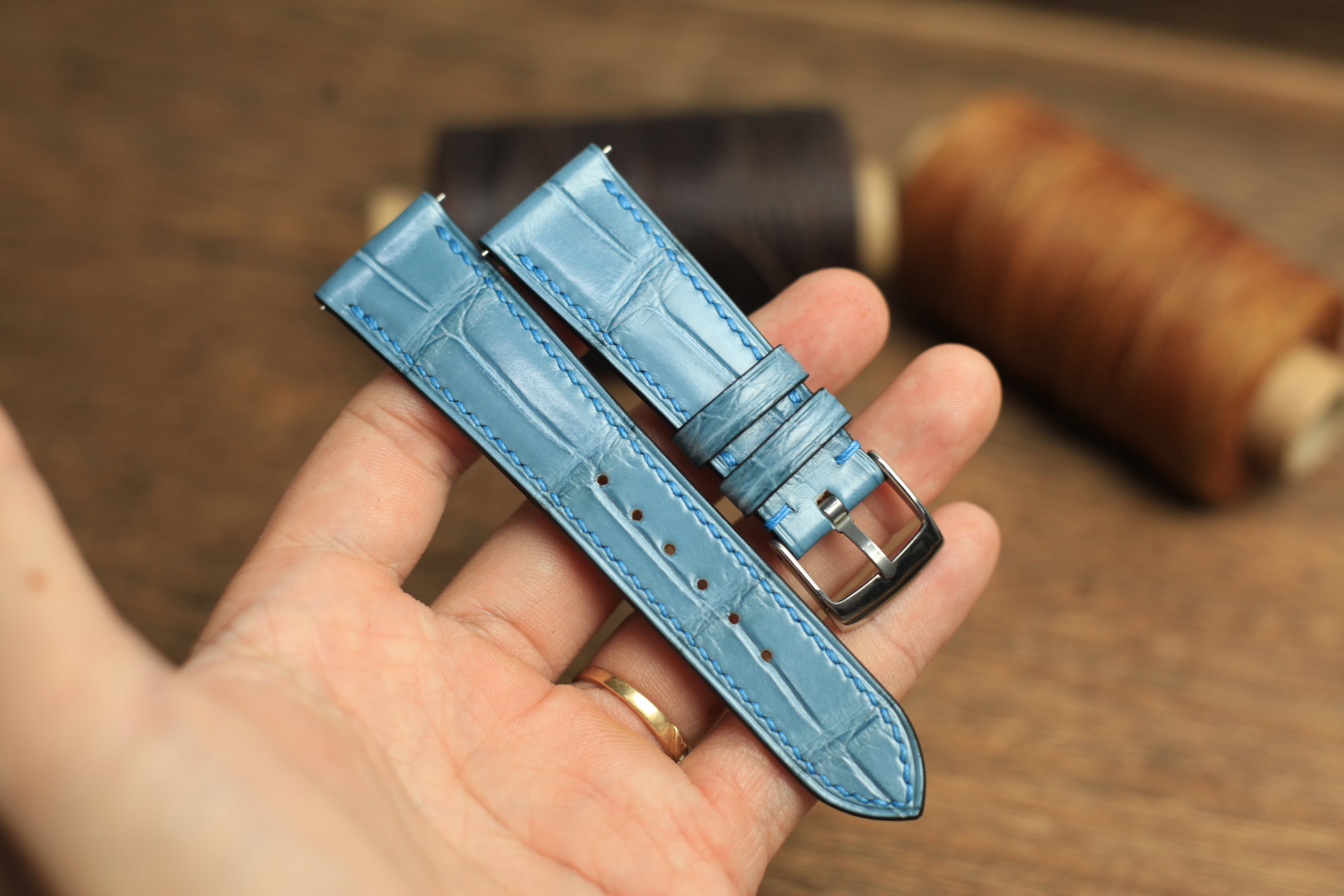 Genuine Aqua Blue Alligator Leather, Handmade Watch Strap