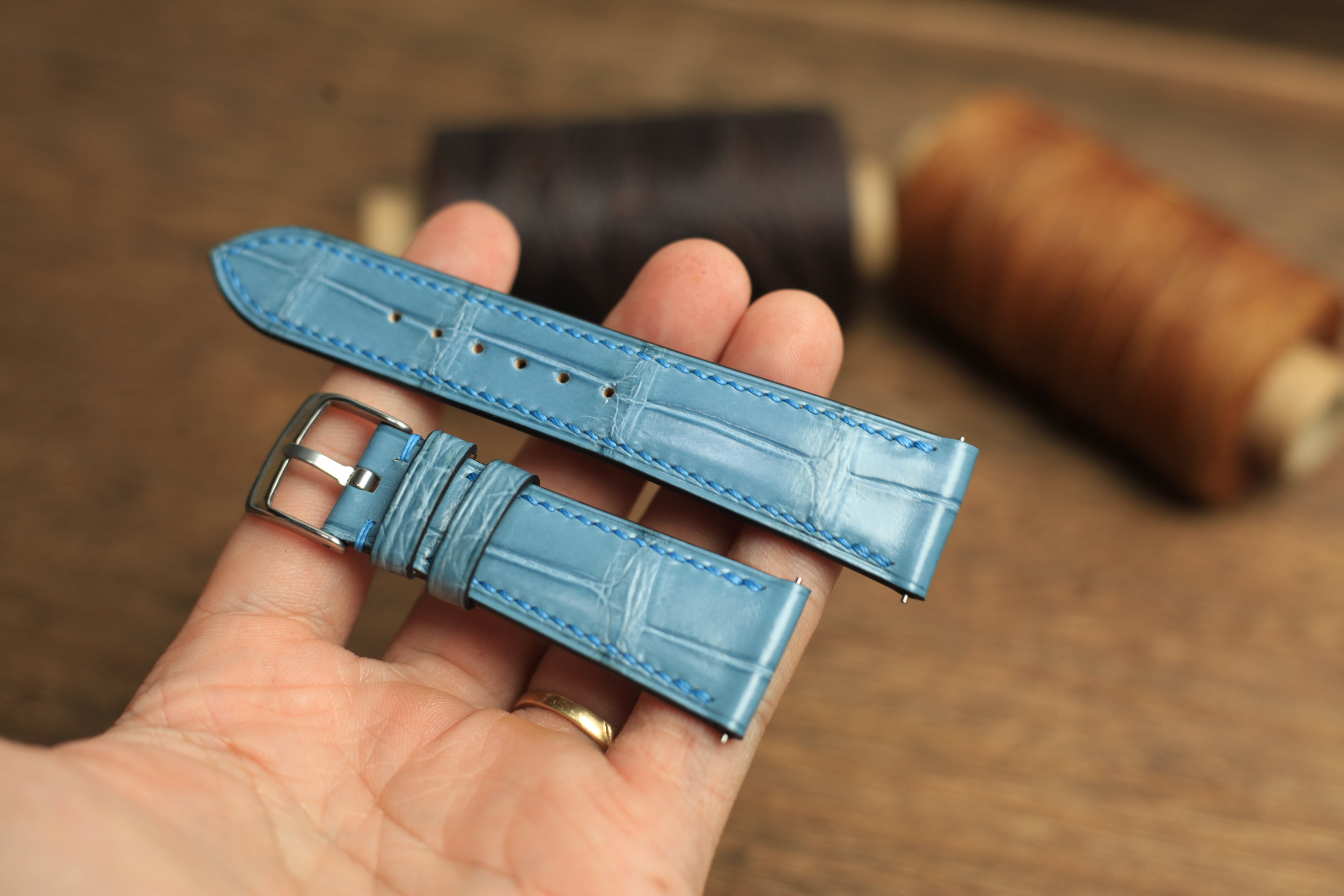 Genuine Aqua Blue Alligator Leather, Handmade Watch Strap