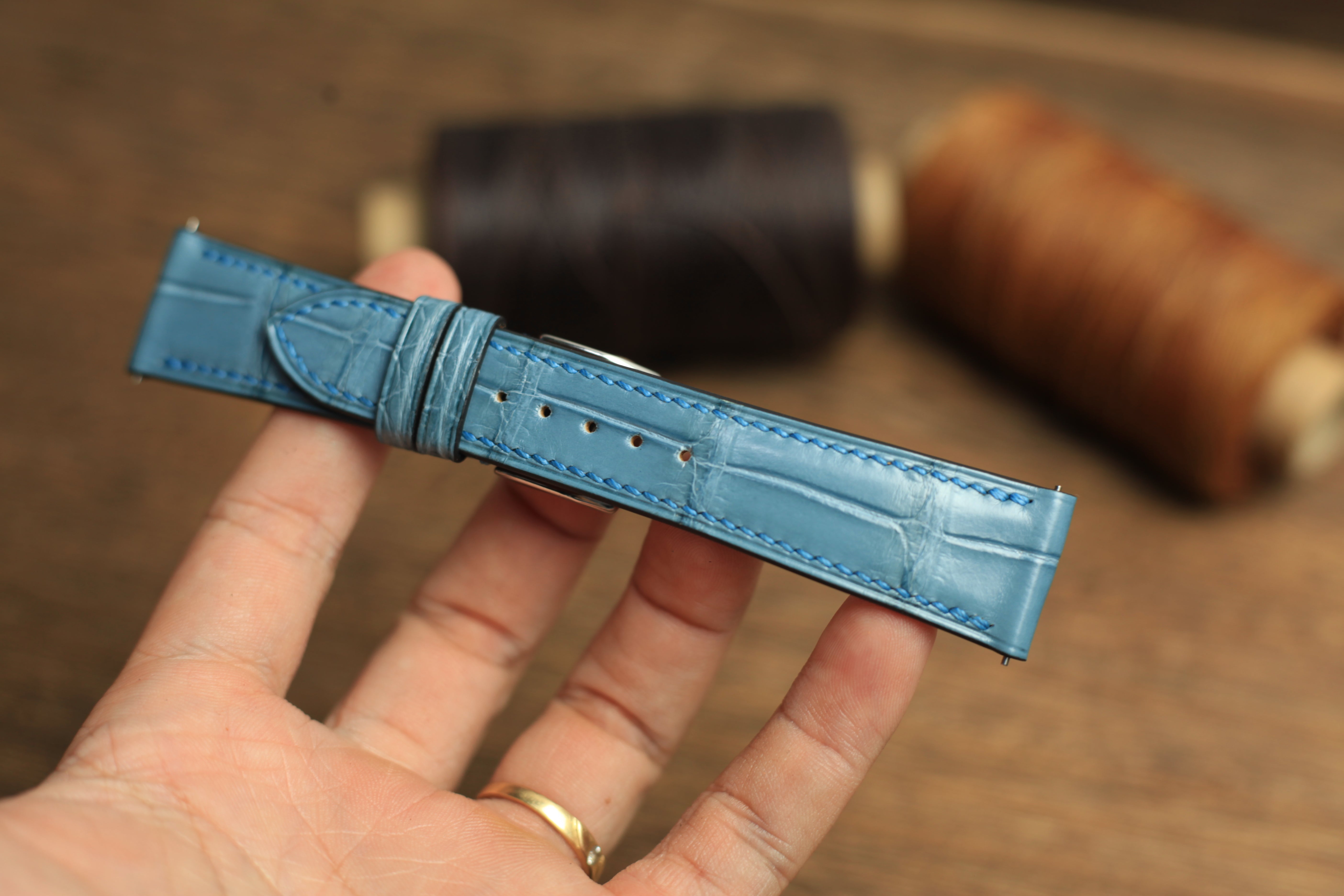 Genuine Aqua Blue Alligator Leather, Handmade Watch Strap
