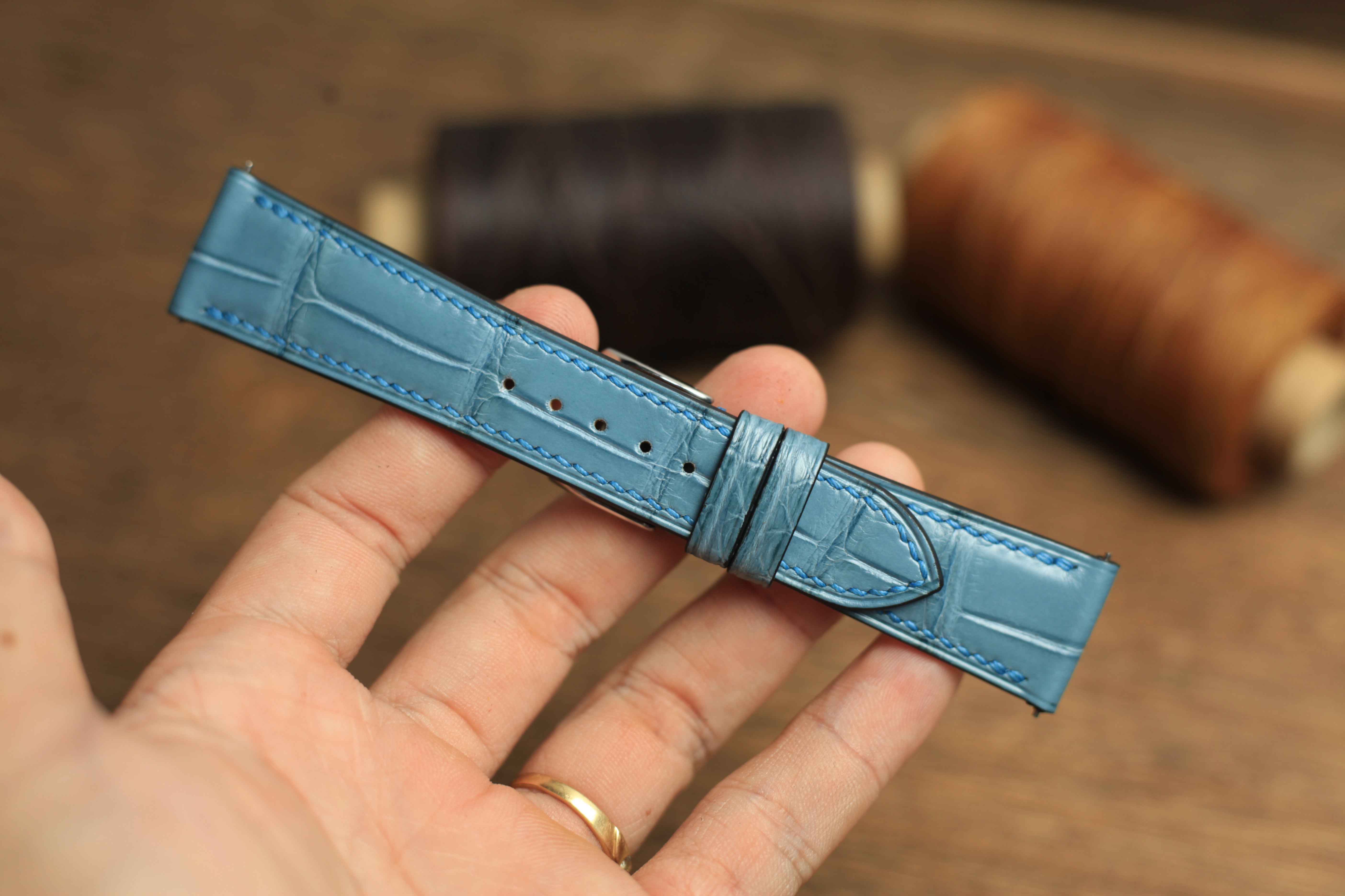 Genuine Aqua Blue Alligator Leather, Handmade Watch Strap