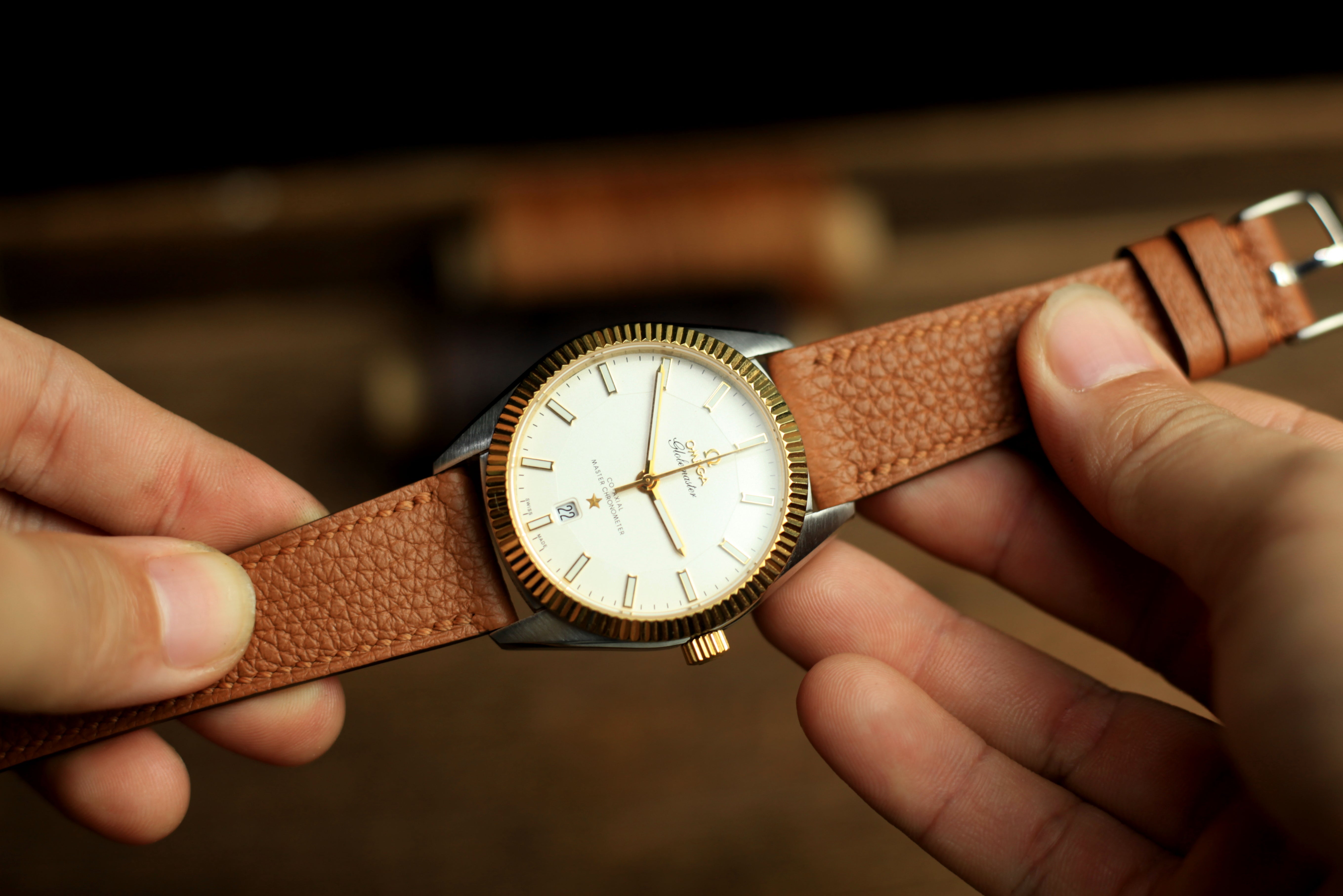 Togo Gold Brown Leather Handmade Watch Strap, Quick Release Spring Bar