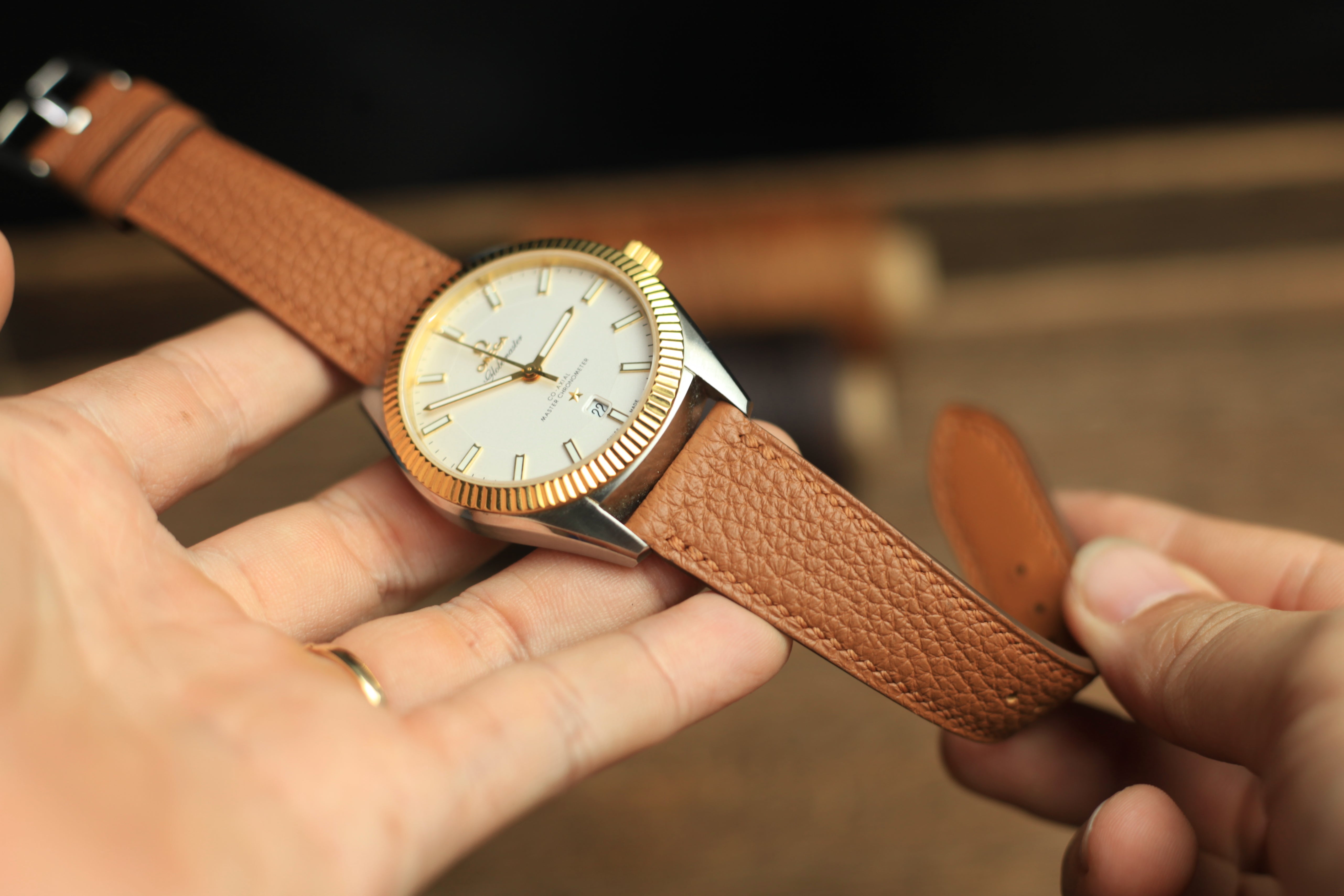 Togo Gold Brown Leather Strap, Handmade Watch Band, Quick Release Spring Bar