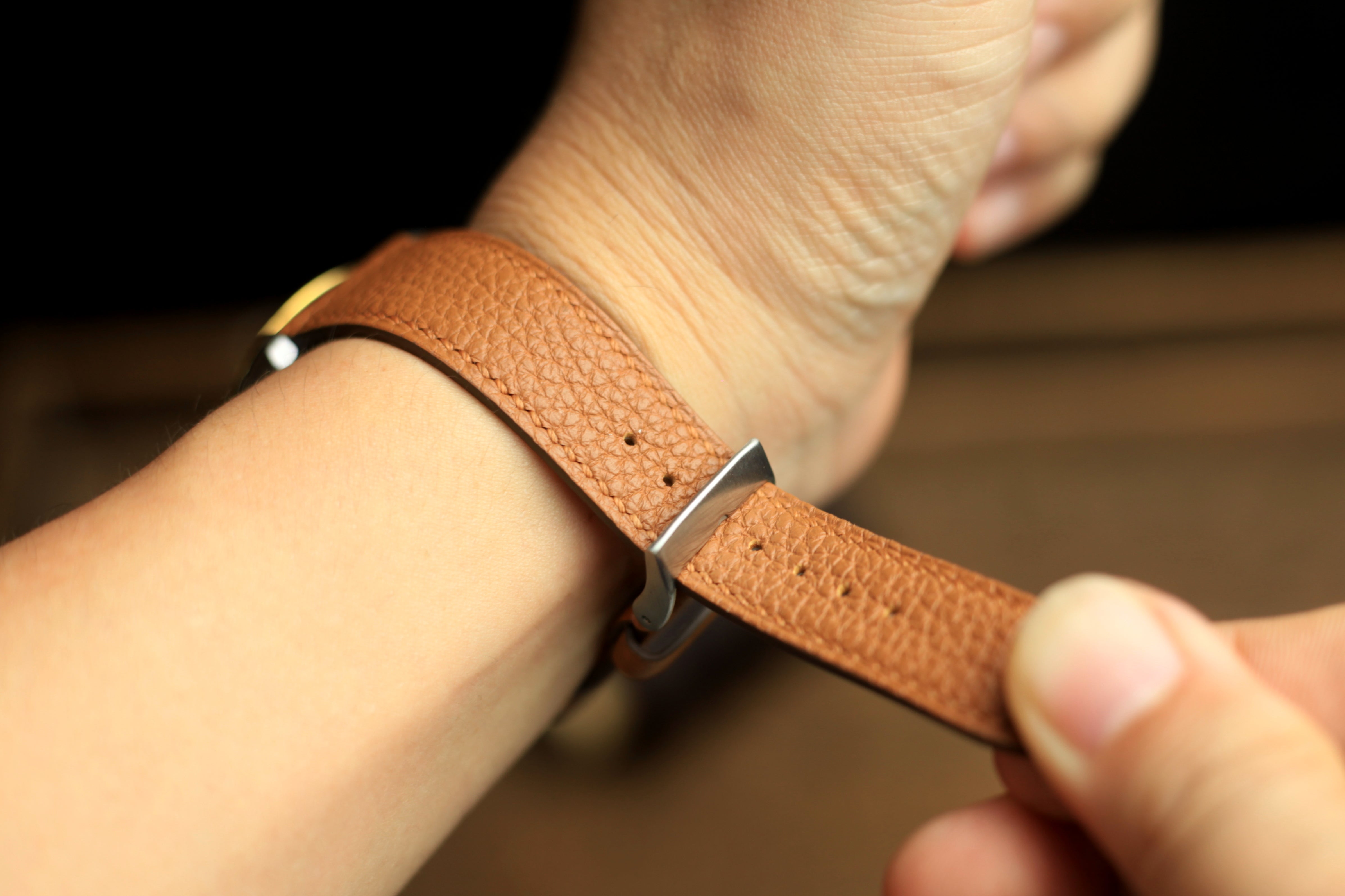 Togo Gold Brown Leather Handmade Watch Strap, Quick Release Spring Bar