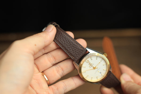 Togo Chocolate Brown Leather Handmade Watch Strap, Quick Release Spring