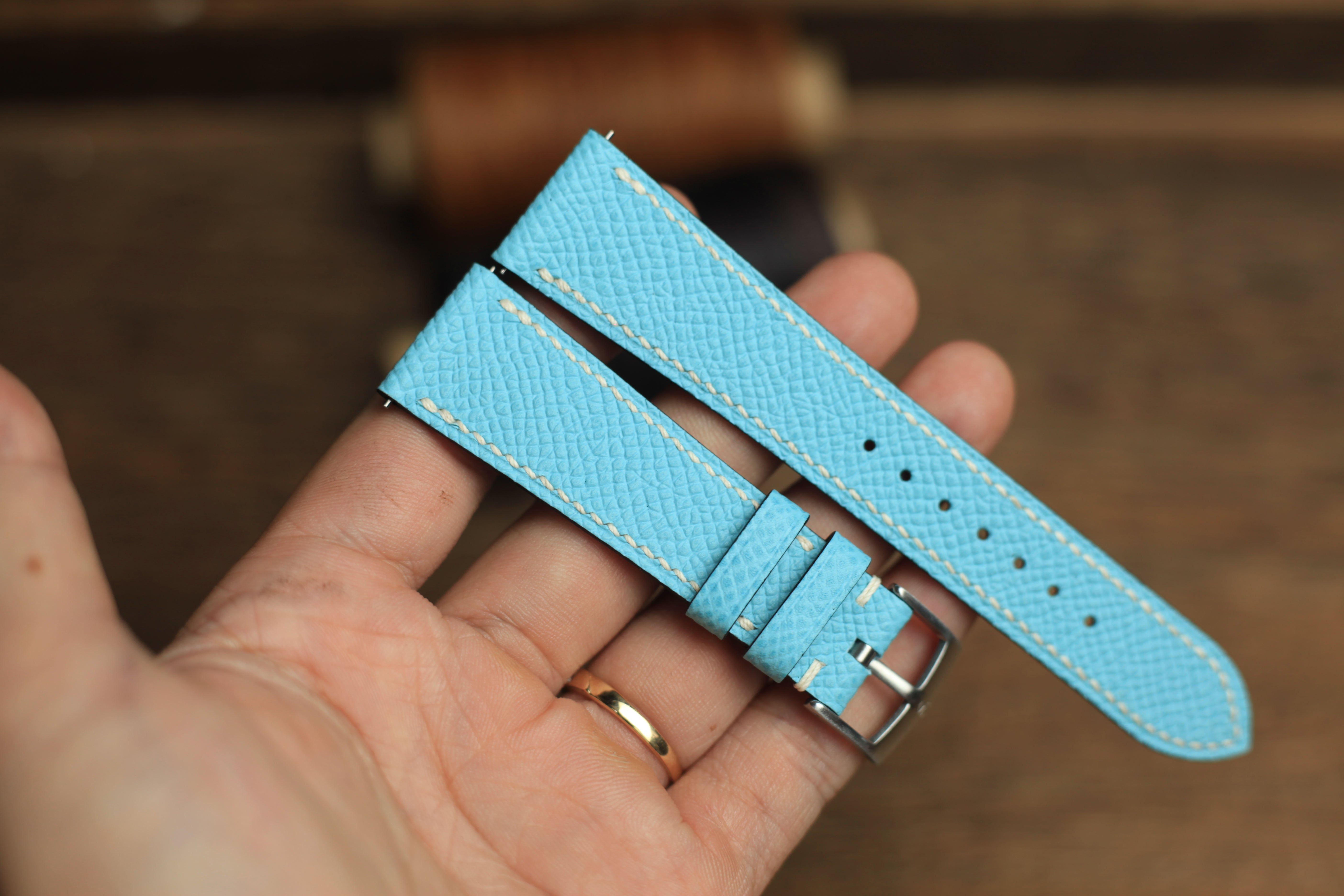 Epsom Baby Blue Leather Handmade Watch Strap, Quick Release Spring Bar