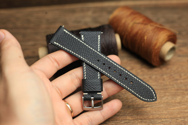 Epsom Black Leather Handmade Watch Strap, Quick Release Spring Bar