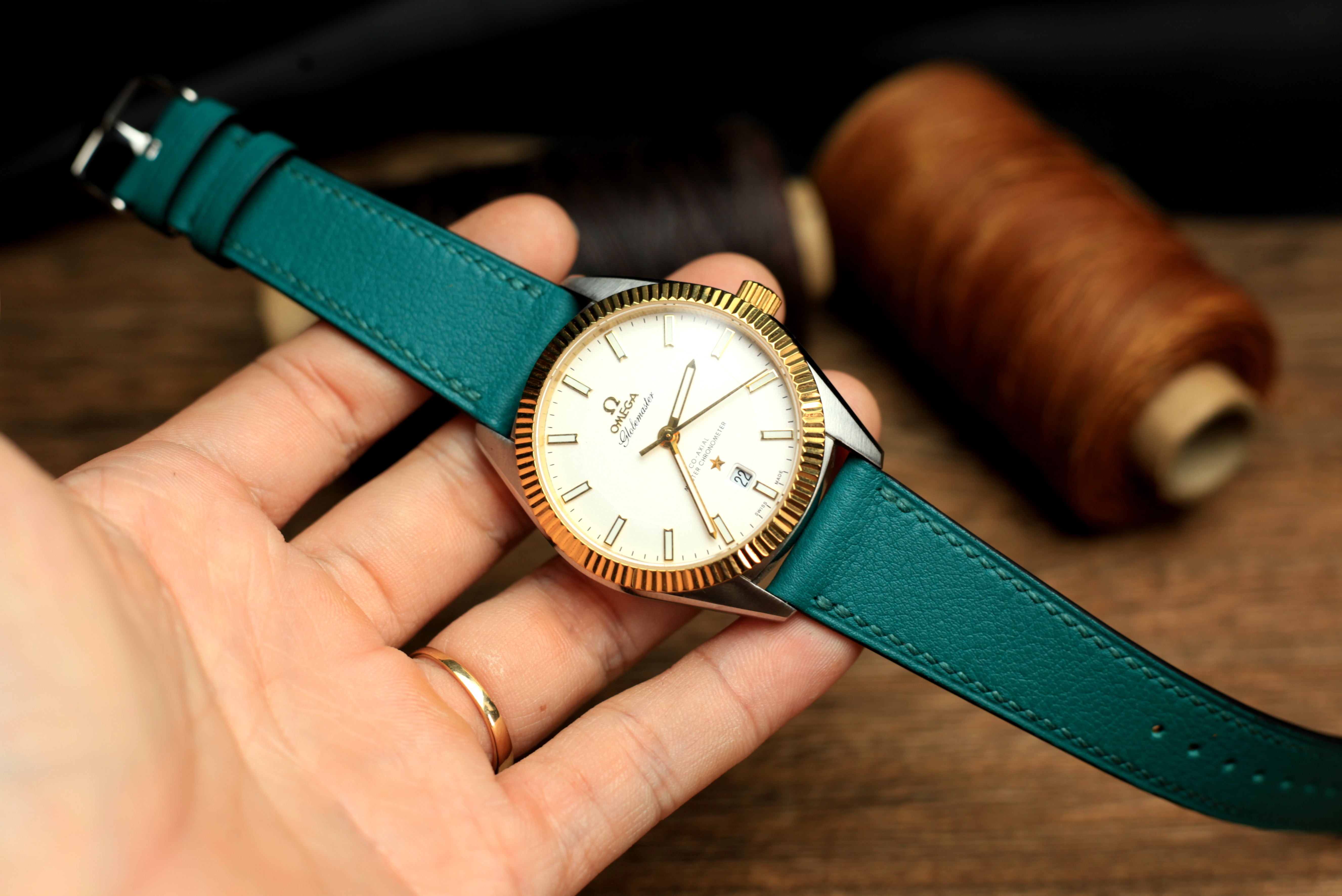 Swift Teal Blue Leather Handmade Watch Strap, Quick Release Spring Bar