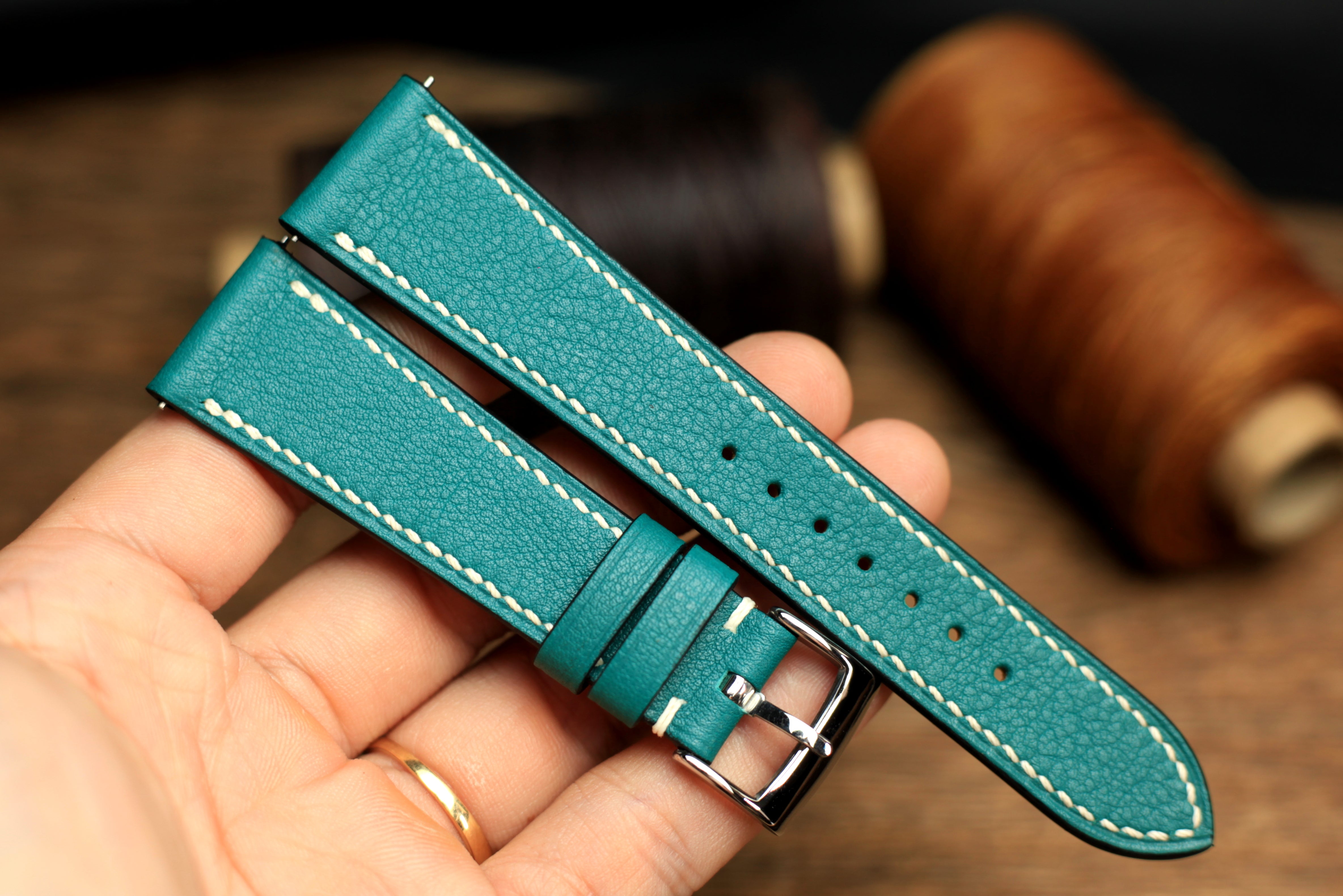 Swift Teal Blue Leather Handmade Watch Strap, Quick Release Spring Bar
