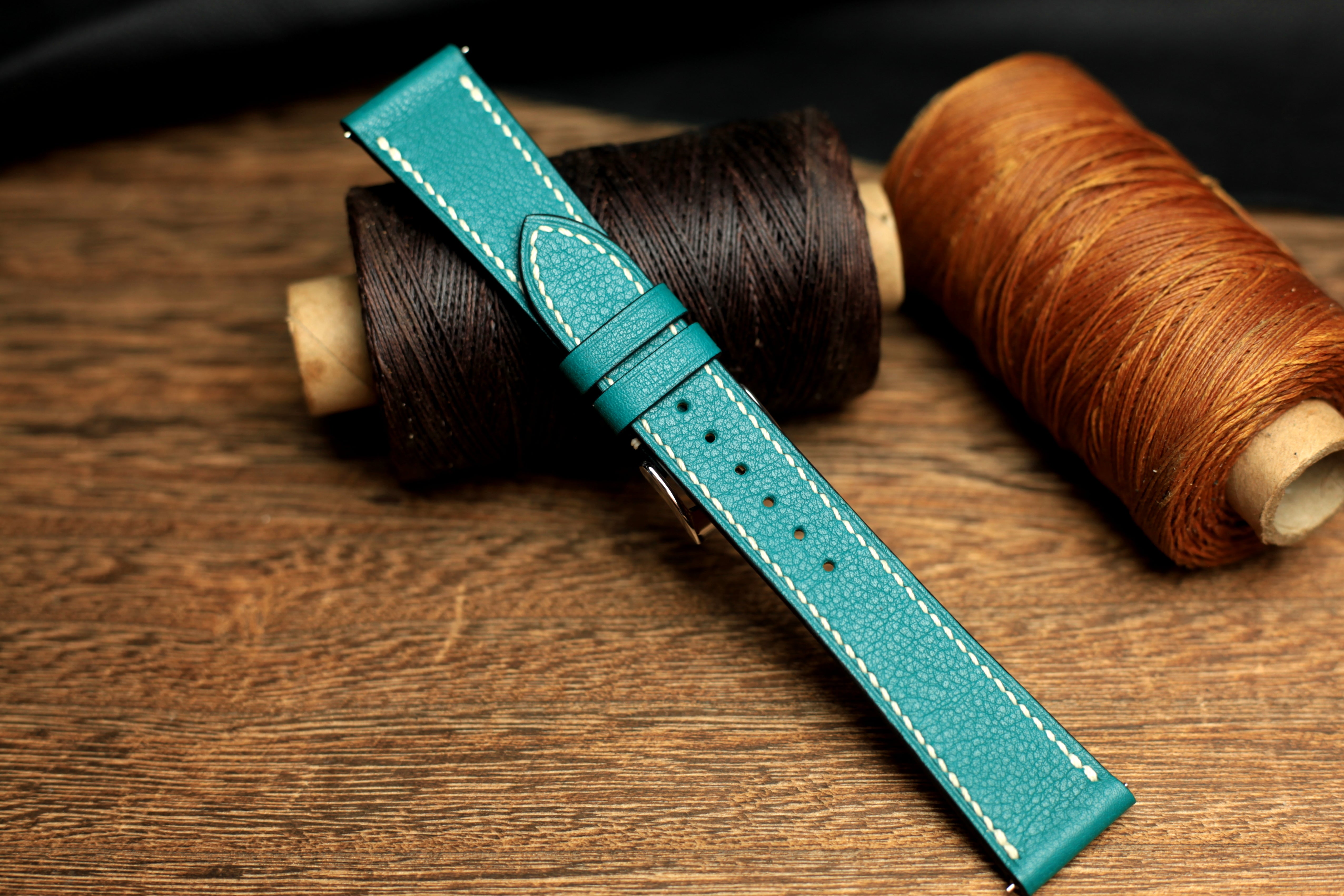 Swift Teal Blue Leather Handmade Watch Strap, Quick Release Spring Bar