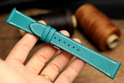Swift Teal Blue Leather Handmade Watch Strap, Quick Release Spring Bar
