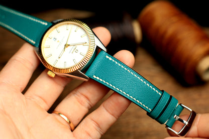 Swift Teal Blue Leather Handmade Watch Strap, Quick Release Spring Bar