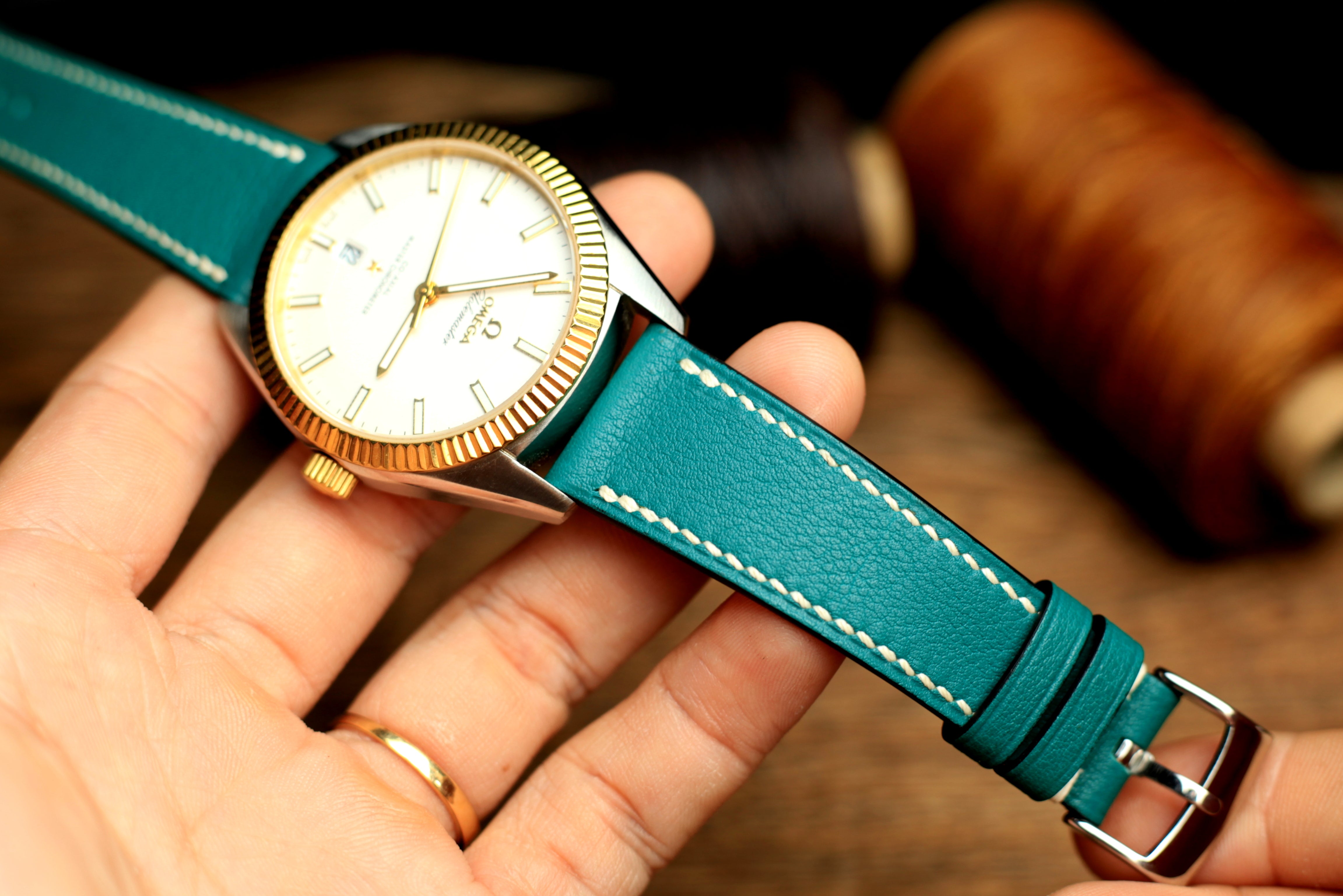 Swift Teal Blue Leather Handmade Watch Strap, Quick Release Spring Bar