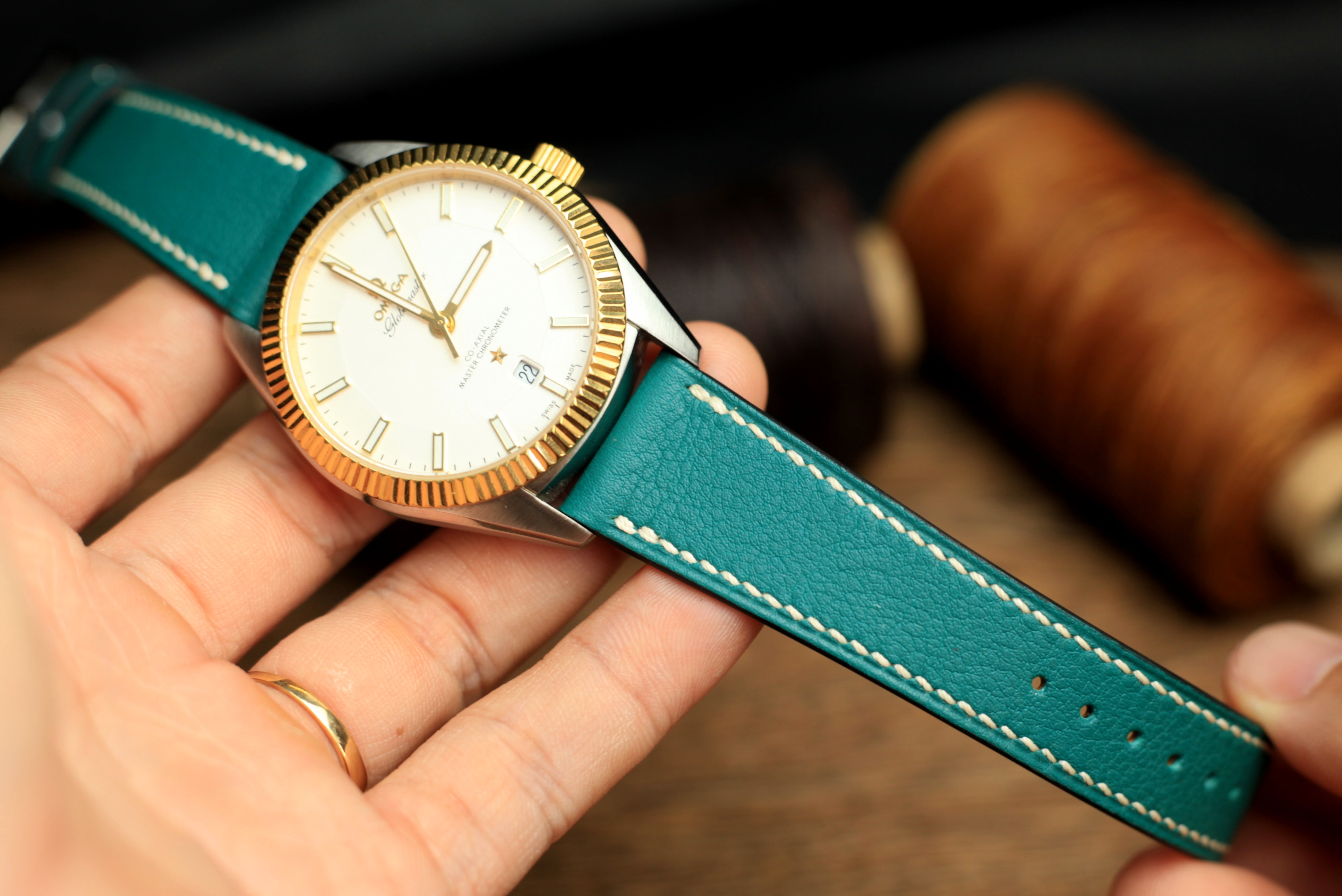 Swift Teal Blue Leather Handmade Watch Strap, Quick Release Spring Bar