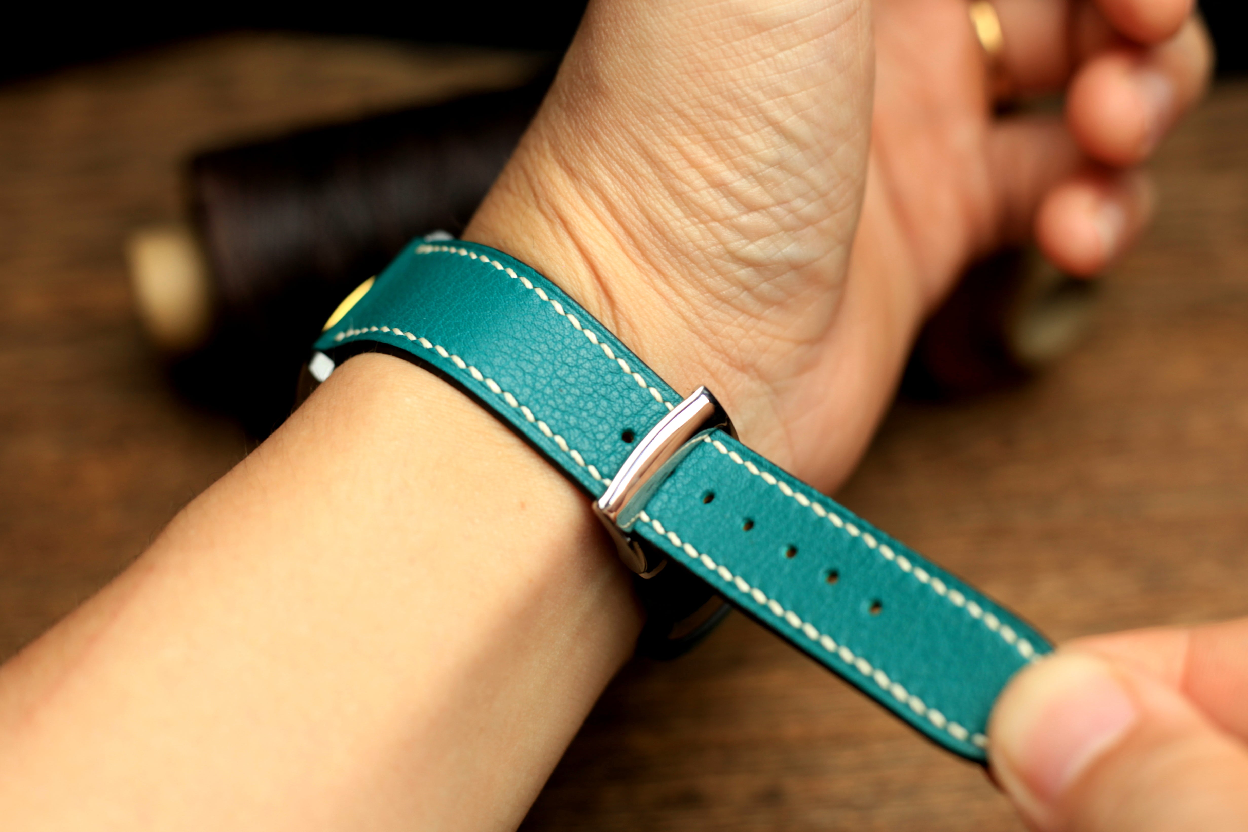 Swift Teal Blue Leather Handmade Watch Strap, Quick Release Spring Bar