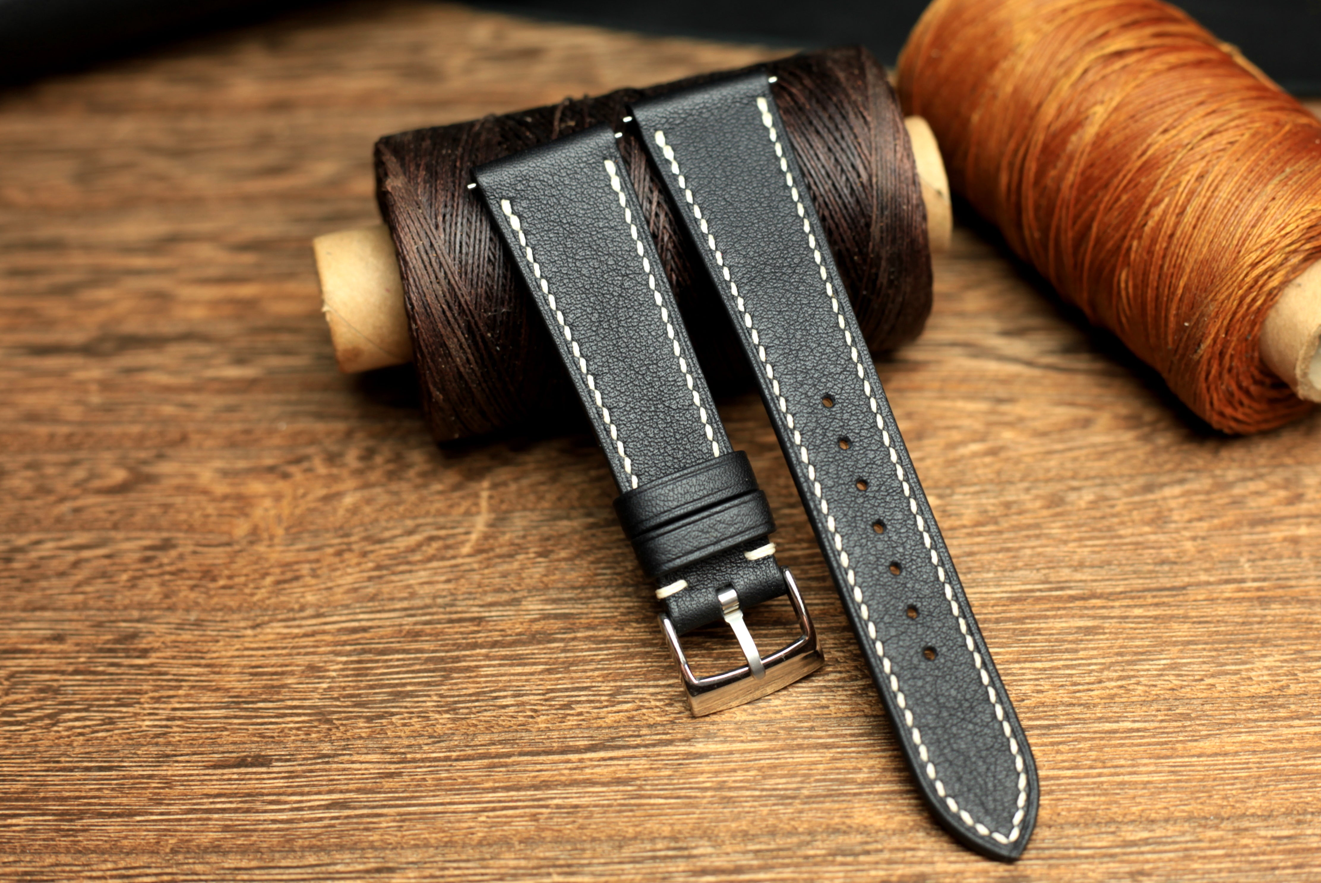 Swift Black Leather Handmade Watch Strap, Quick Release Spring Bar