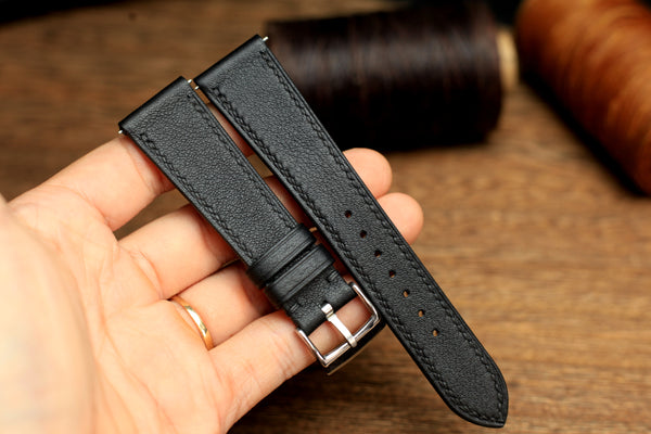 Swift Black Leather Handmade Watch Strap, Quick Release Spring Bar