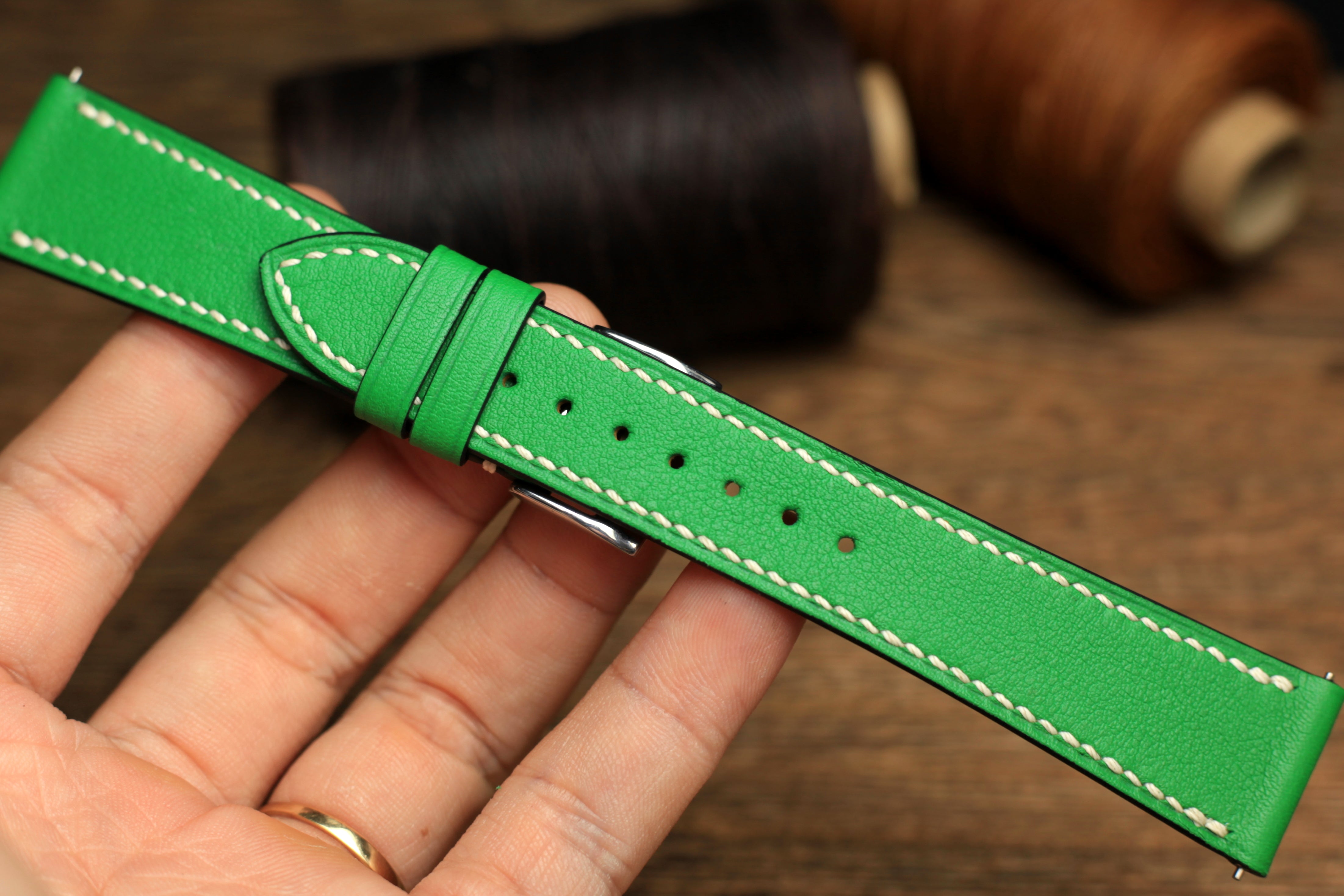 Swift Bamboo Green Leather Handmade Watch Strap, Quick Release Spring Bar