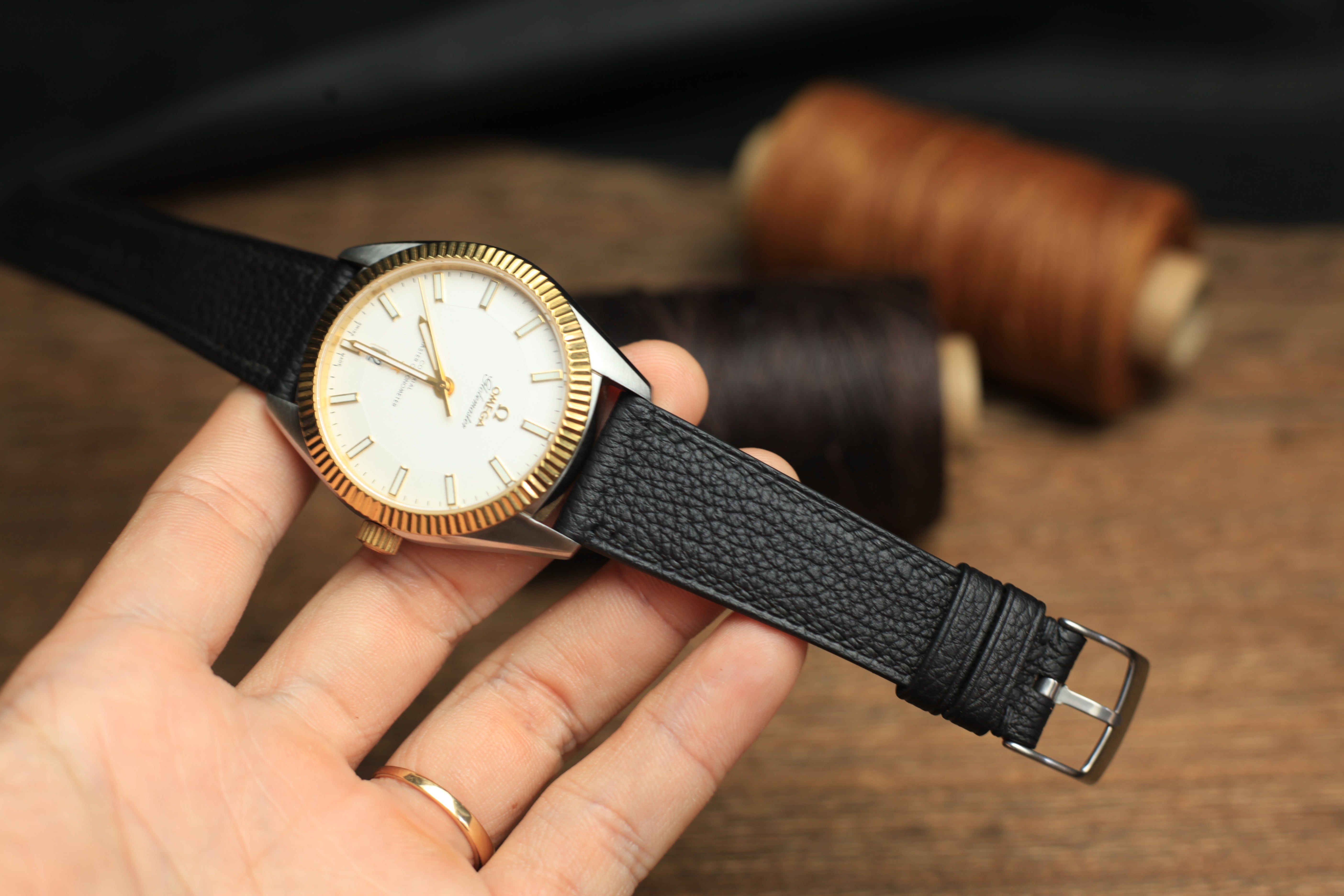 Togo Black Leather Strap, Handmade Watch Band, Quick Release Spring Bar