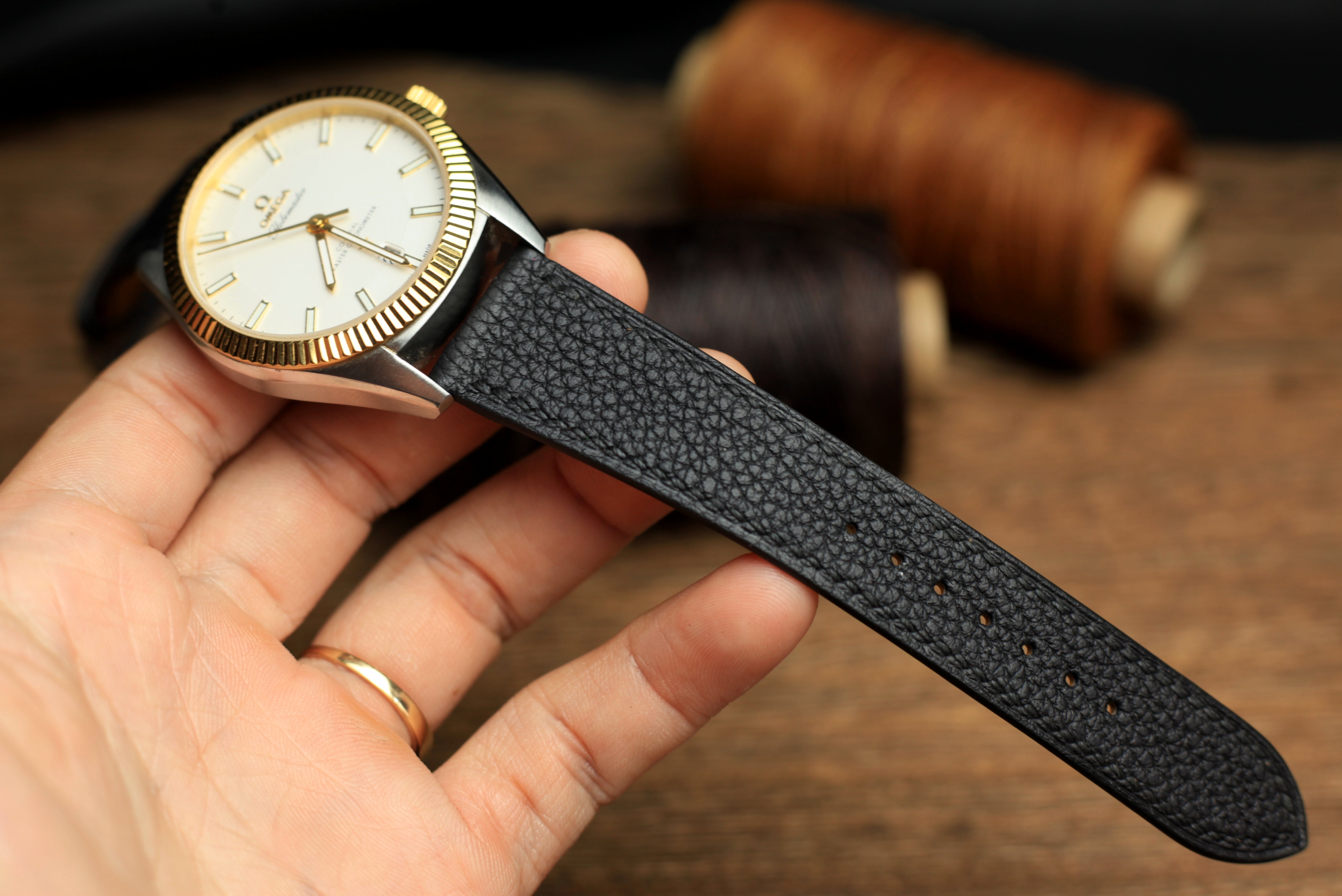 Togo Black Leather Strap, Handmade Watch Band, Quick Release Spring Bar