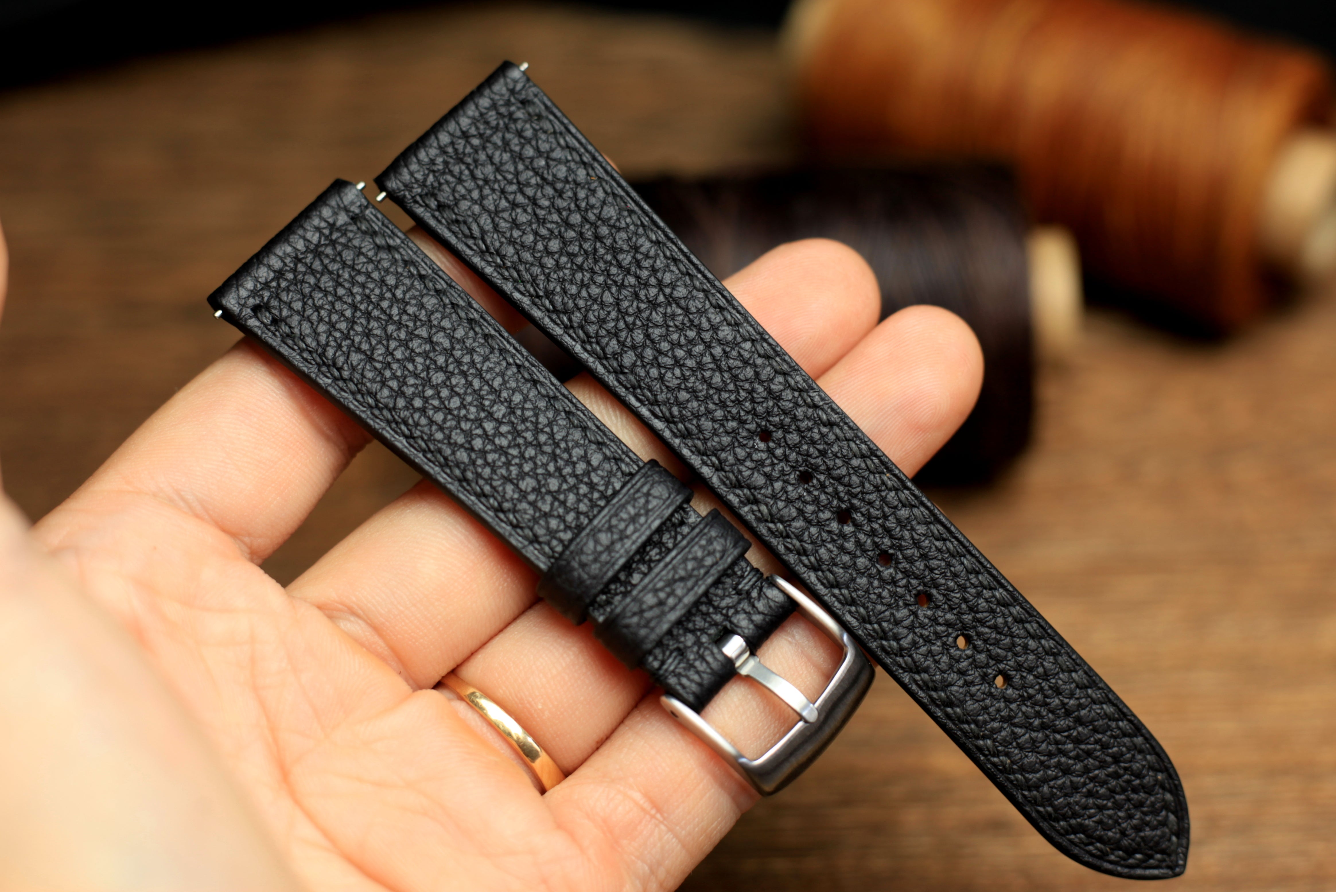 Togo Black Leather Strap, Handmade Watch Band, Quick Release Spring Bar