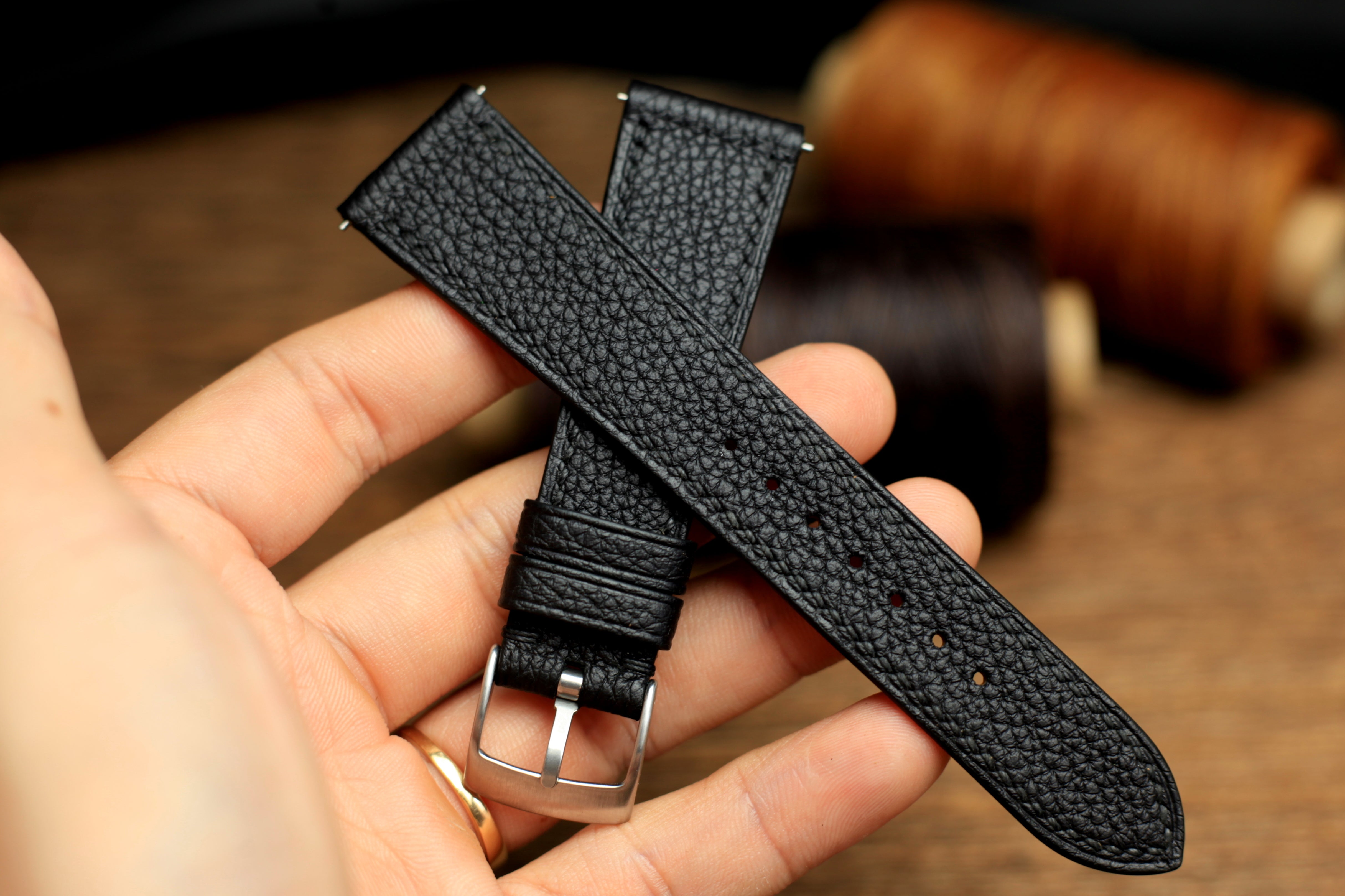 TOGO BLACK LEATHER STRAP, HANDMADE WATCH BAND, QUICK RELEASE SPRING BAR