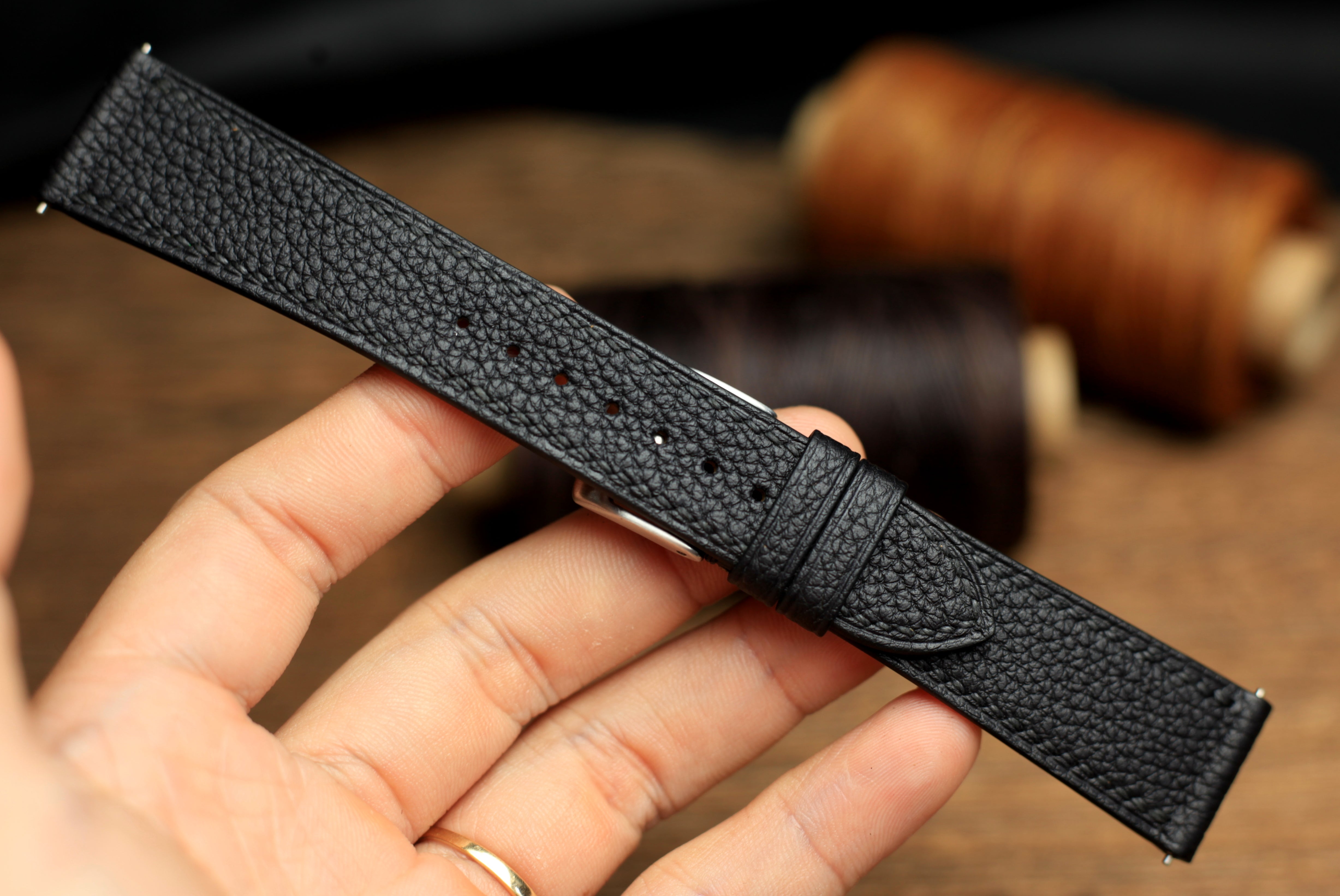 TOGO BLACK LEATHER STRAP, HANDMADE WATCH BAND, QUICK RELEASE SPRING BAR