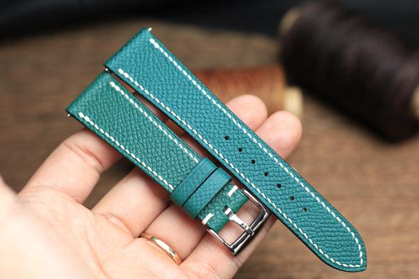 LEATHER WATCH STRAP, JADE BLUE EPSOM LEATHER HANDMADE BAND.