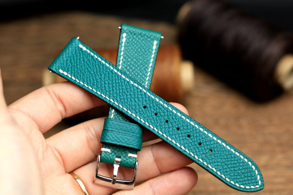 LEATHER WATCH STRAP, JADE BLUE EPSOM LEATHER HANDMADE BAND.