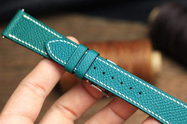 LEATHER WATCH STRAP, JADE BLUE EPSOM LEATHER HANDMADE BAND.