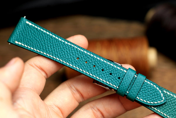 LEATHER WATCH STRAP, JADE BLUE EPSOM LEATHER HANDMADE BAND.