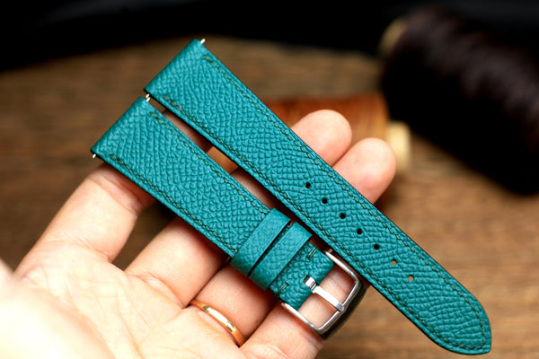 LEATHER WATCH STRAP, JADE BLUE EPSOM LEATHER HANDMADE BAND.