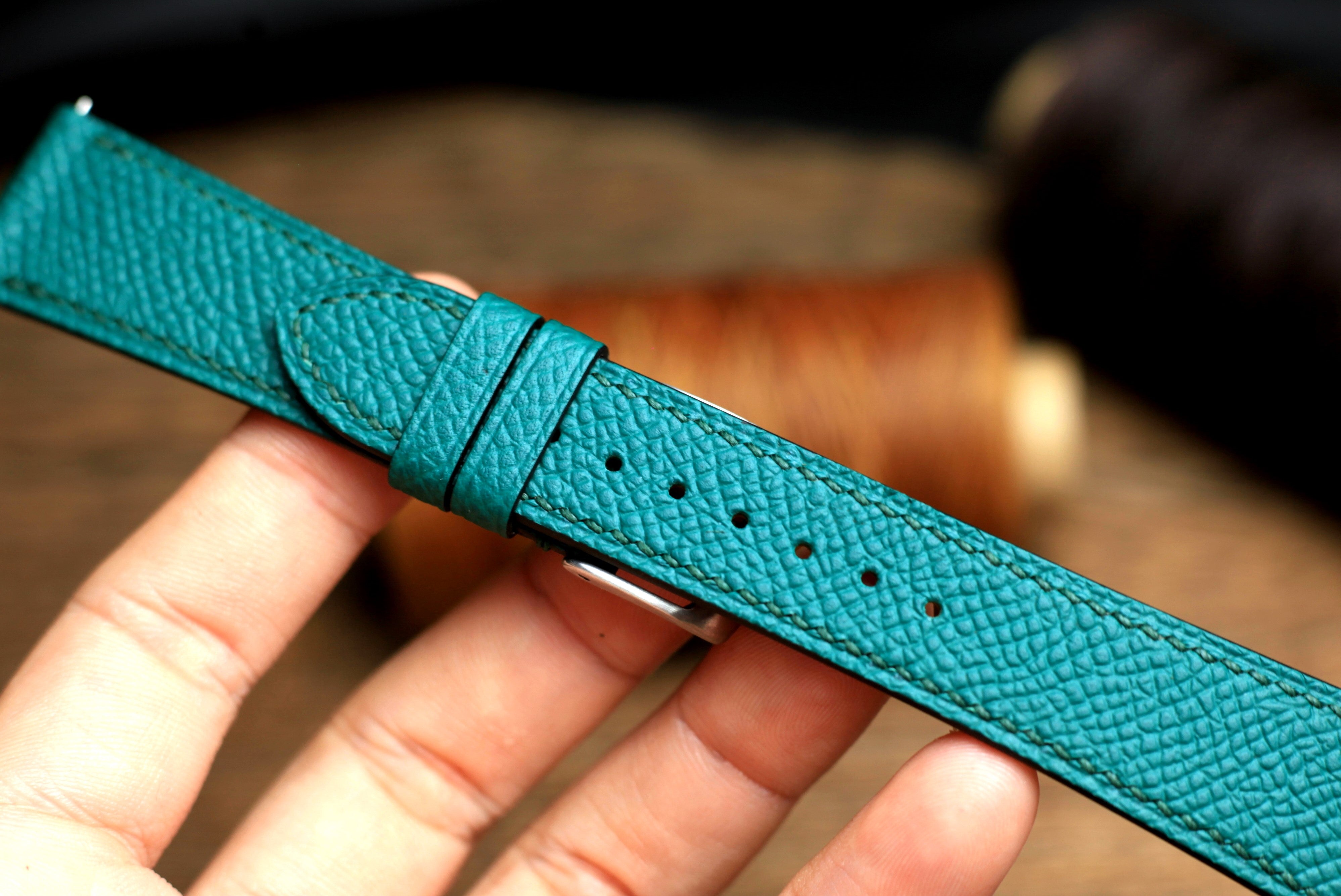 LEATHER WATCH STRAP, JADE BLUE EPSOM LEATHER HANDMADE BAND.