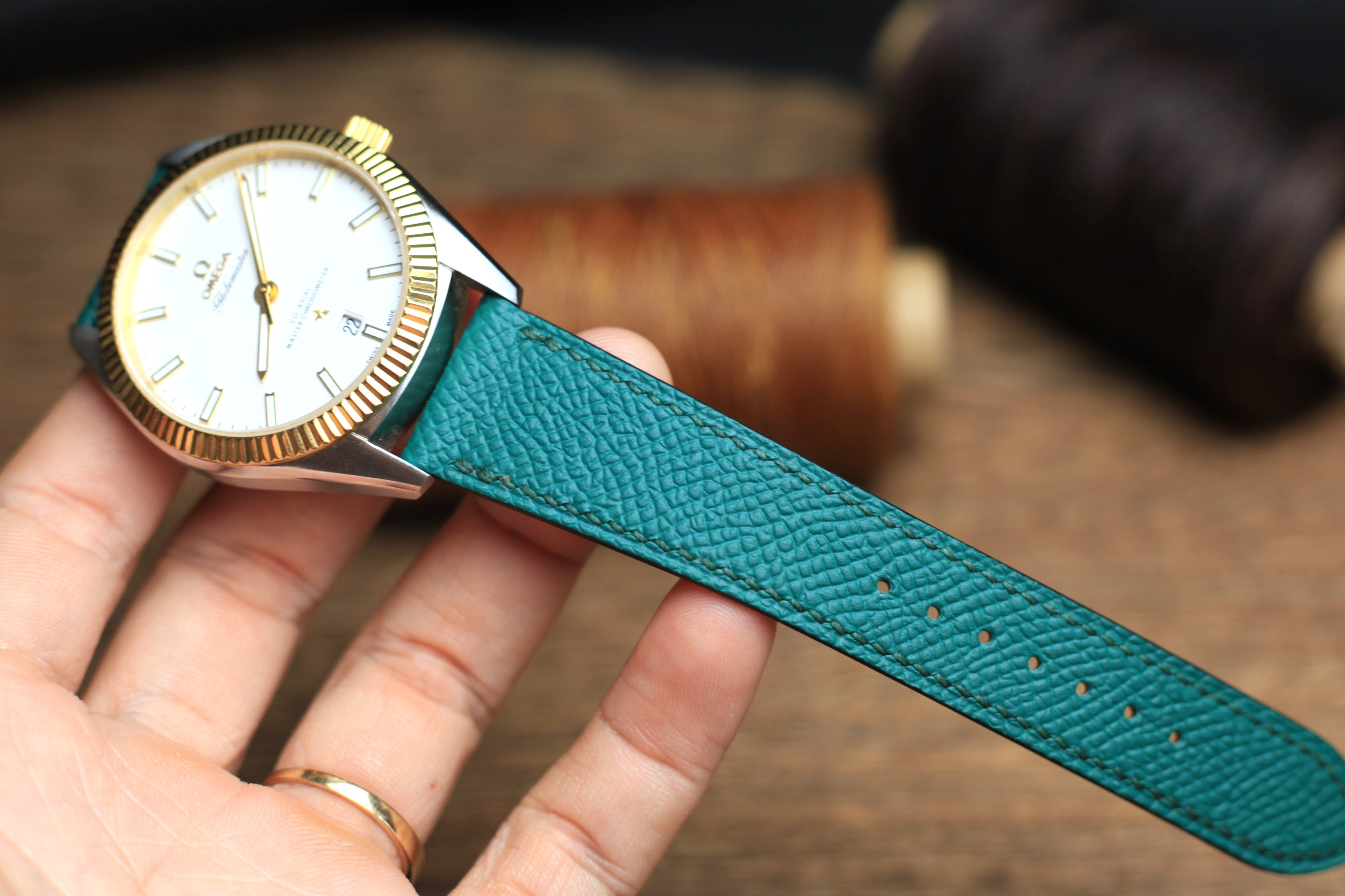 LEATHER WATCH STRAP, JADE BLUE EPSOM LEATHER HANDMADE BAND.