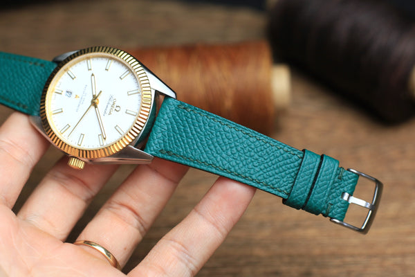 LEATHER WATCH STRAP, JADE BLUE EPSOM LEATHER HANDMADE BAND.