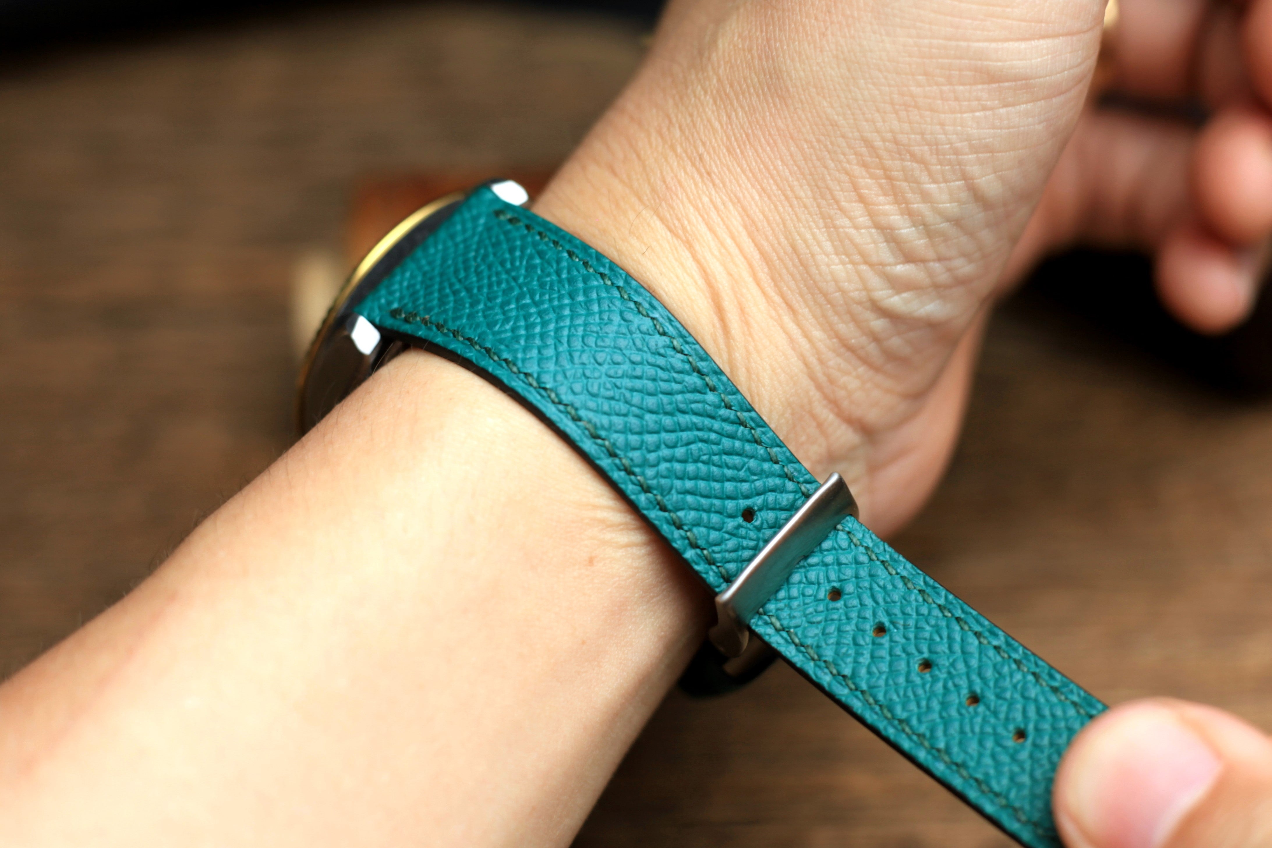 LEATHER WATCH STRAP, JADE BLUE EPSOM LEATHER HANDMADE BAND.