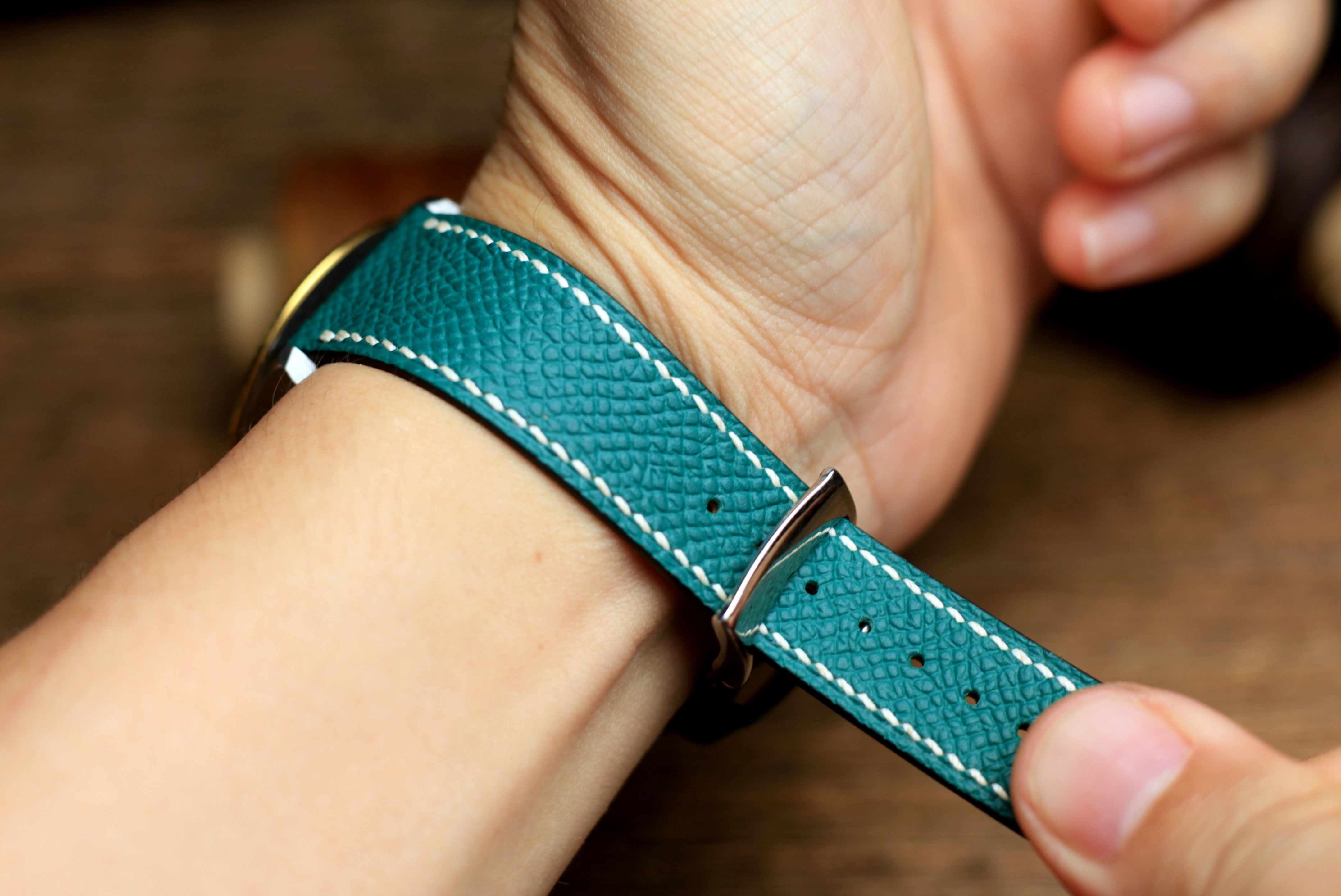 LEATHER WATCH STRAP, JADE BLUE EPSOM LEATHER HANDMADE BAND.