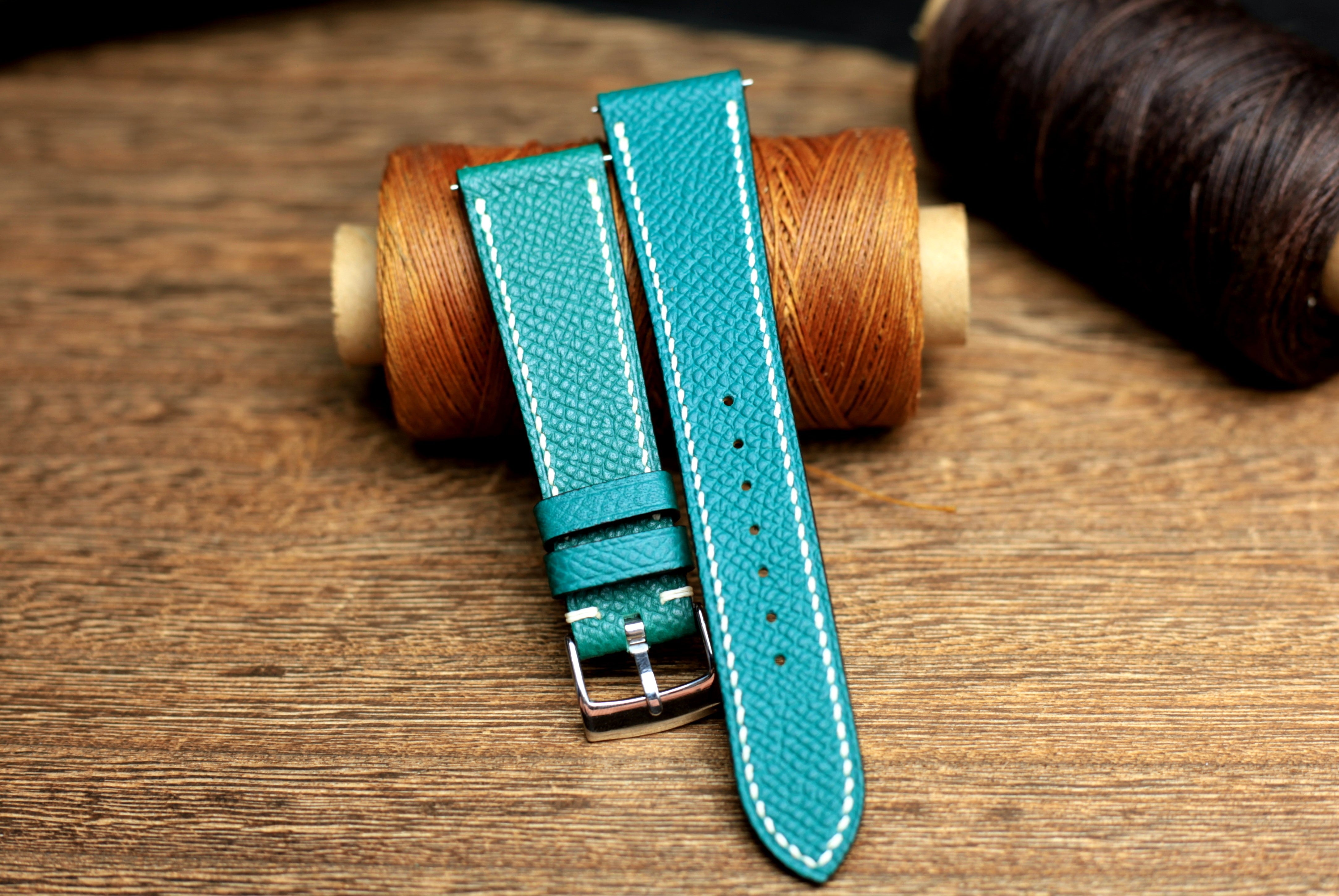 LEATHER WATCH STRAP, JADE BLUE EPSOM LEATHER HANDMADE BAND.