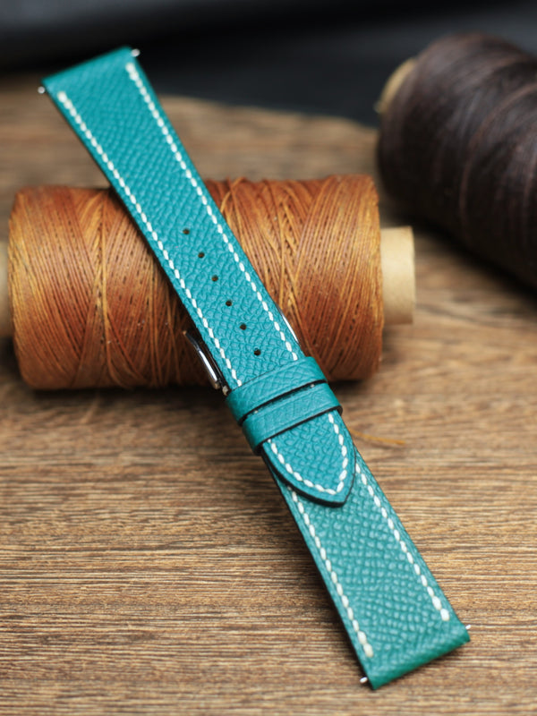 LEATHER WATCH STRAP, JADE BLUE EPSOM LEATHER HANDMADE BAND.