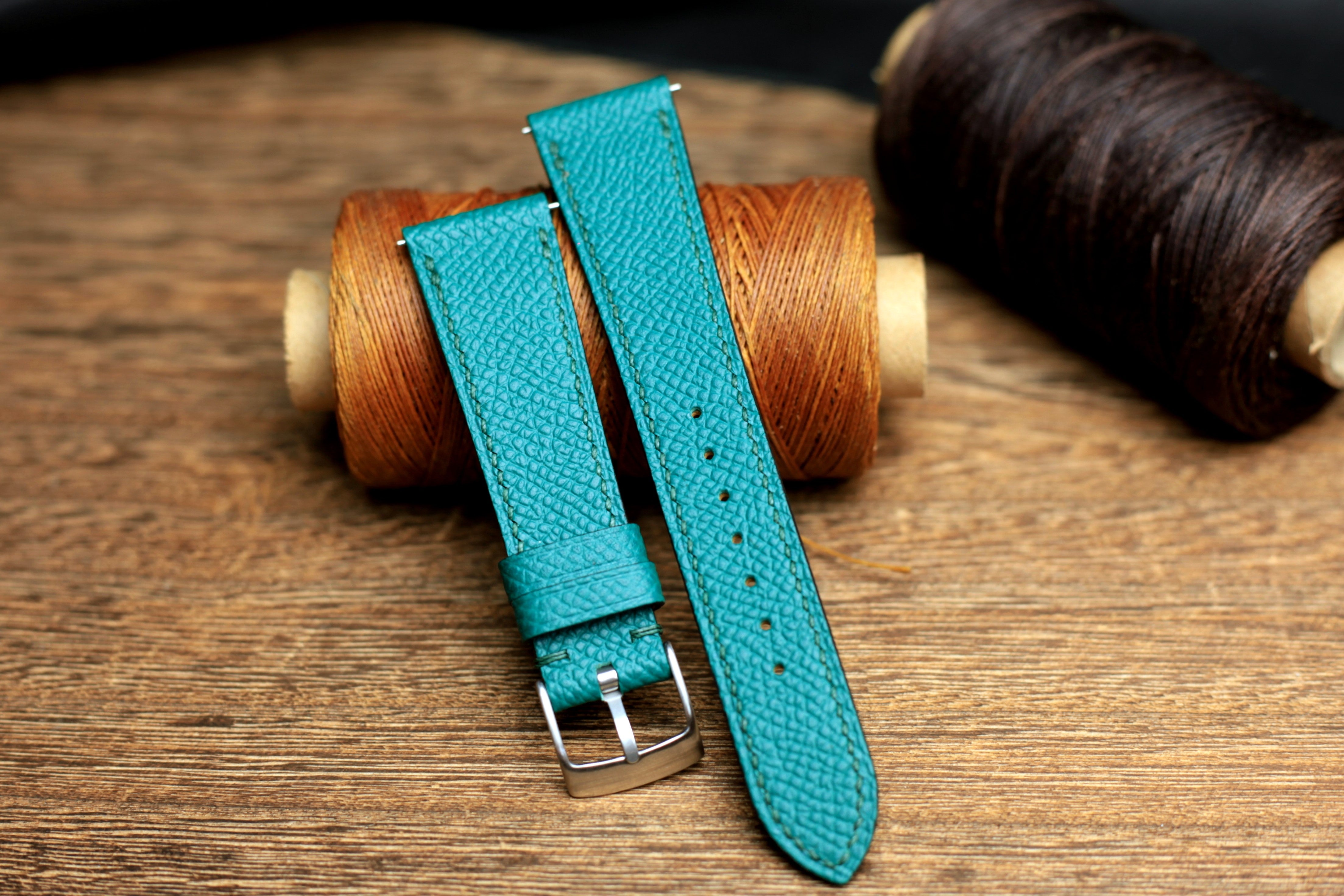 LEATHER WATCH STRAP, JADE BLUE EPSOM LEATHER HANDMADE BAND.